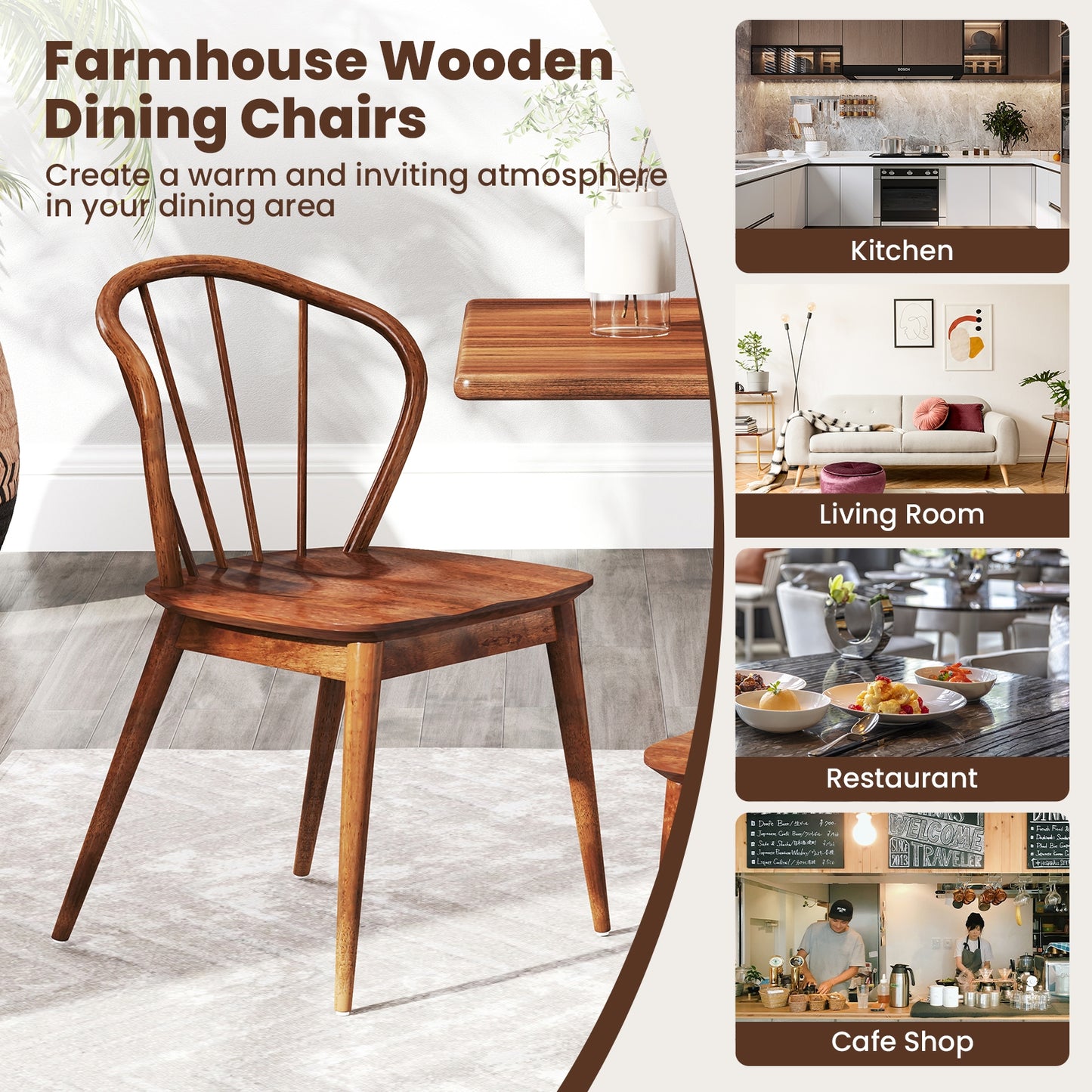 Windsor Dining Chairs with Spindle Back and Wide Seat Set of 2 Wooden Kitchen Side Chairs