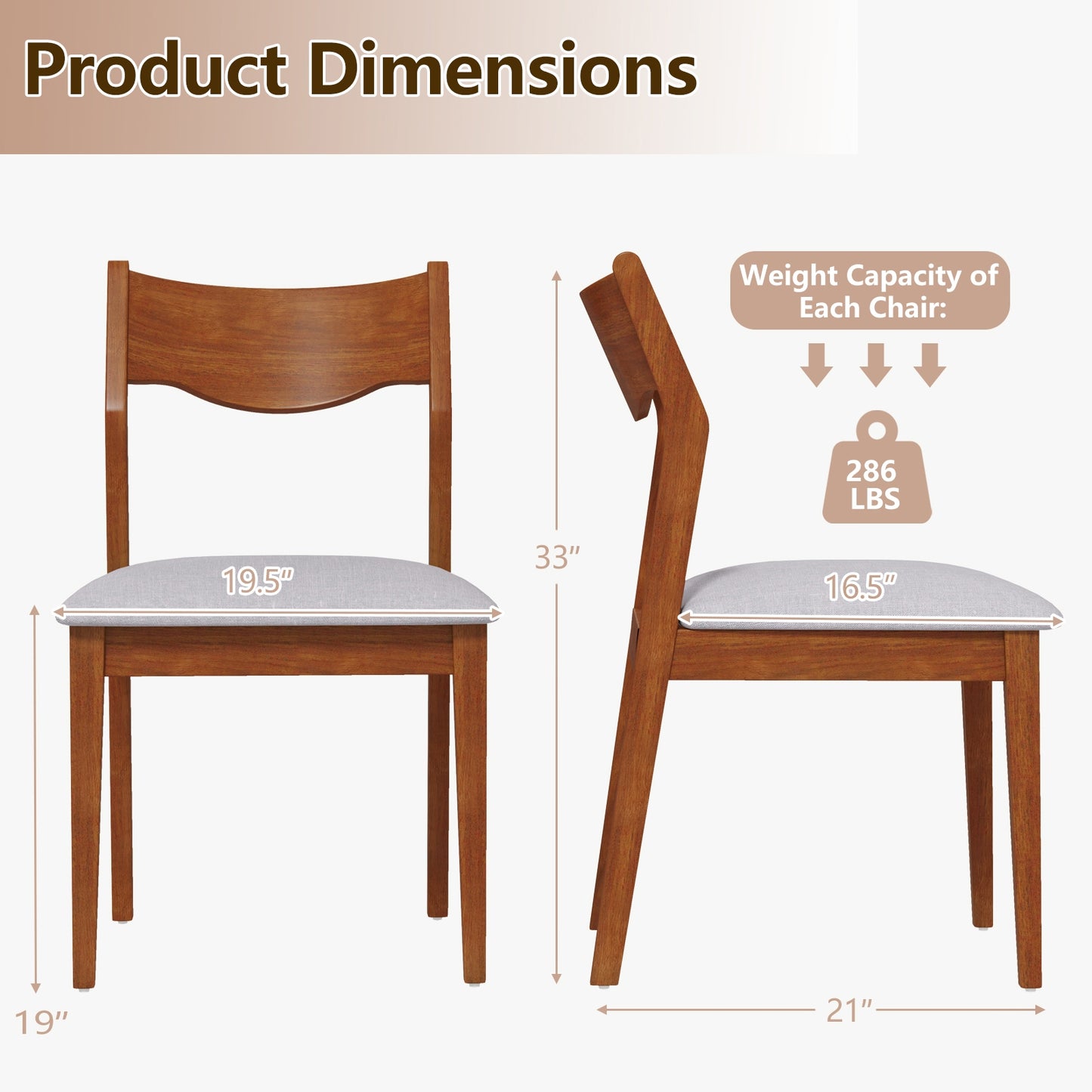 Wide Padded Seat Wooden Dining Chairs with Sturdy Rubber Wood Frame Set of 2