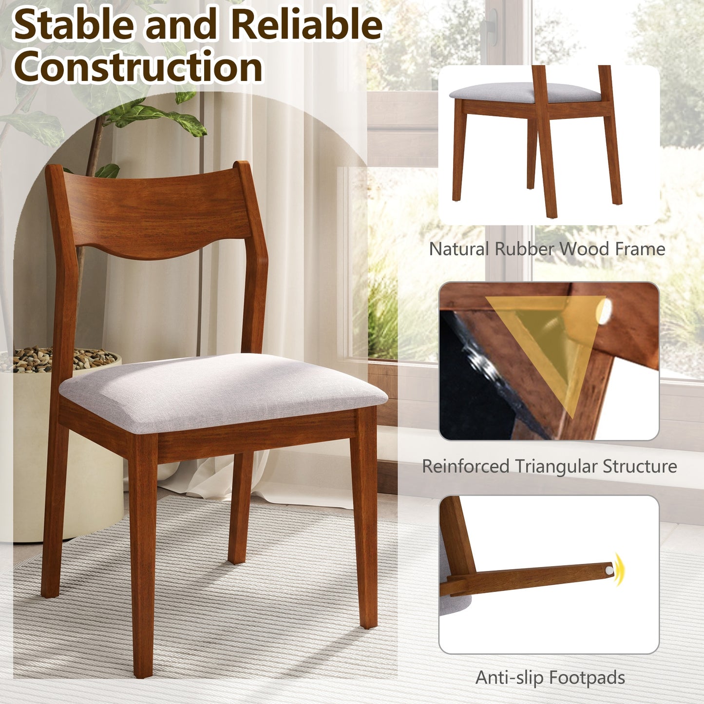 Wide Padded Seat Wooden Dining Chairs with Sturdy Rubber Wood Frame Set of 2