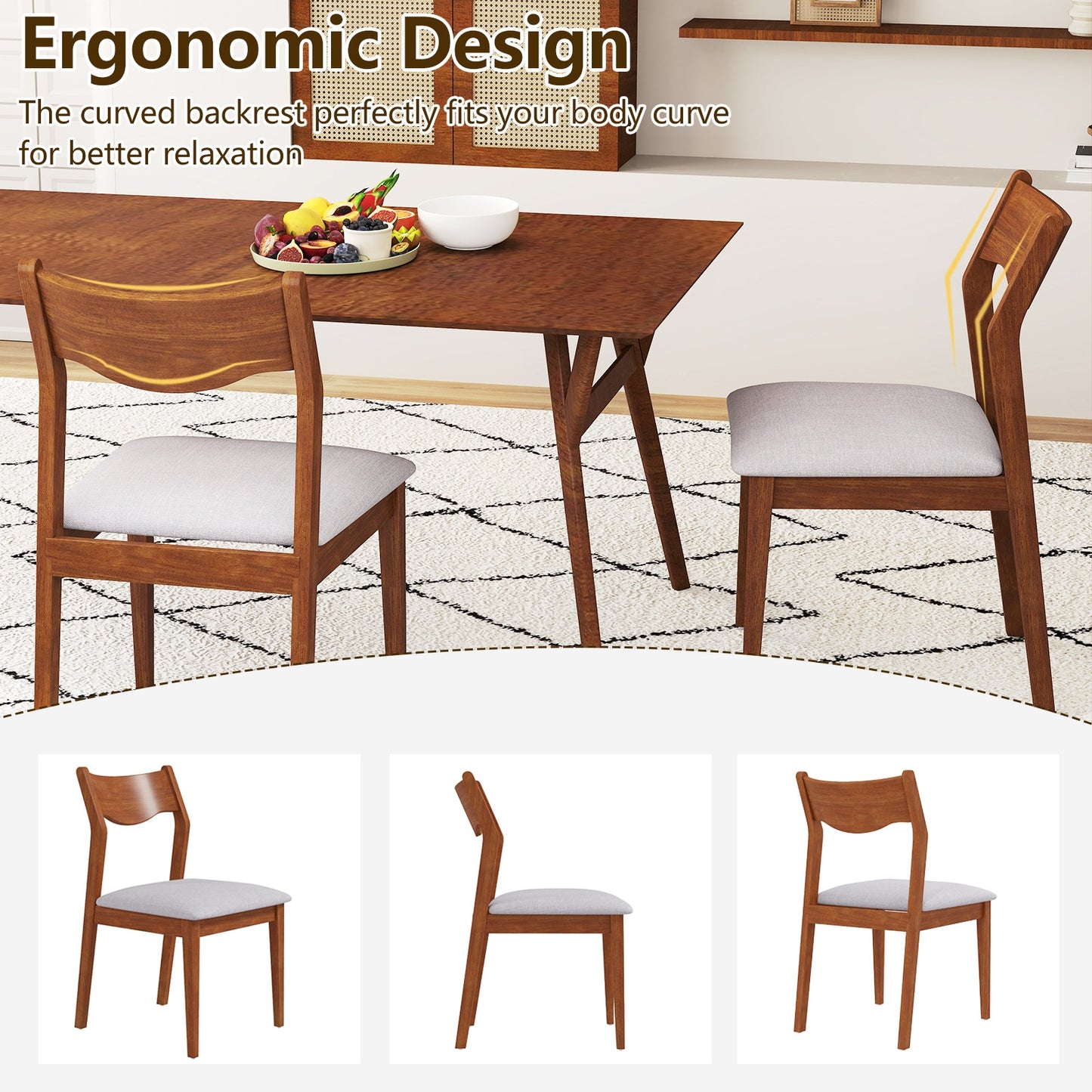 Wide Padded Seat Wooden Dining Chairs with Sturdy Rubber Wood Frame Set of 2