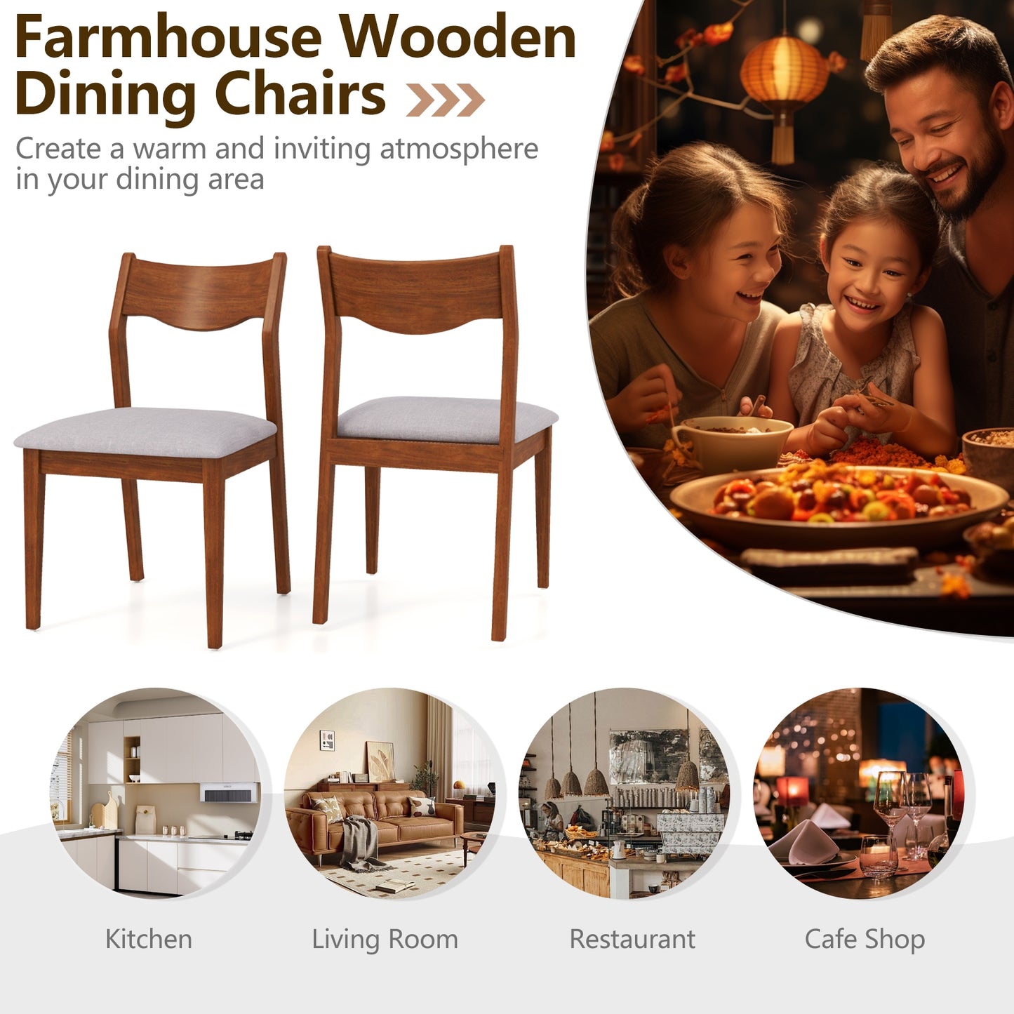Wide Padded Seat Wooden Dining Chairs with Sturdy Rubber Wood Frame Set of 2