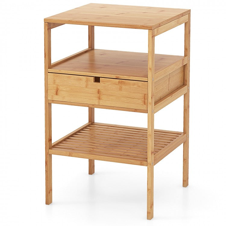 Bamboo Nightstand with Drawer and Two Shelves