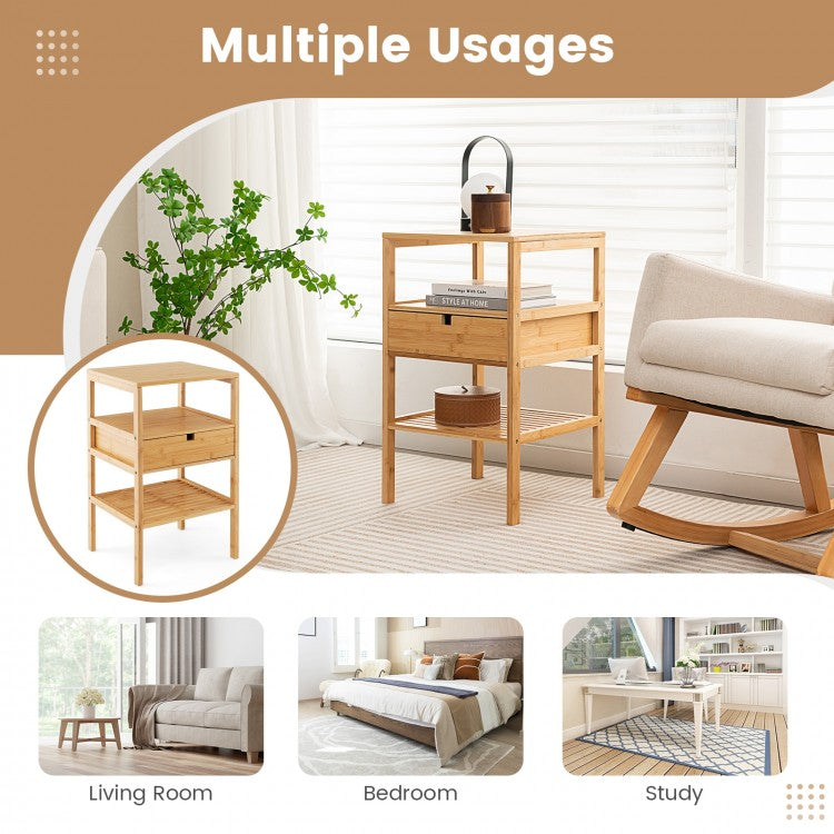 Bamboo Nightstand with Drawer and Two Shelves