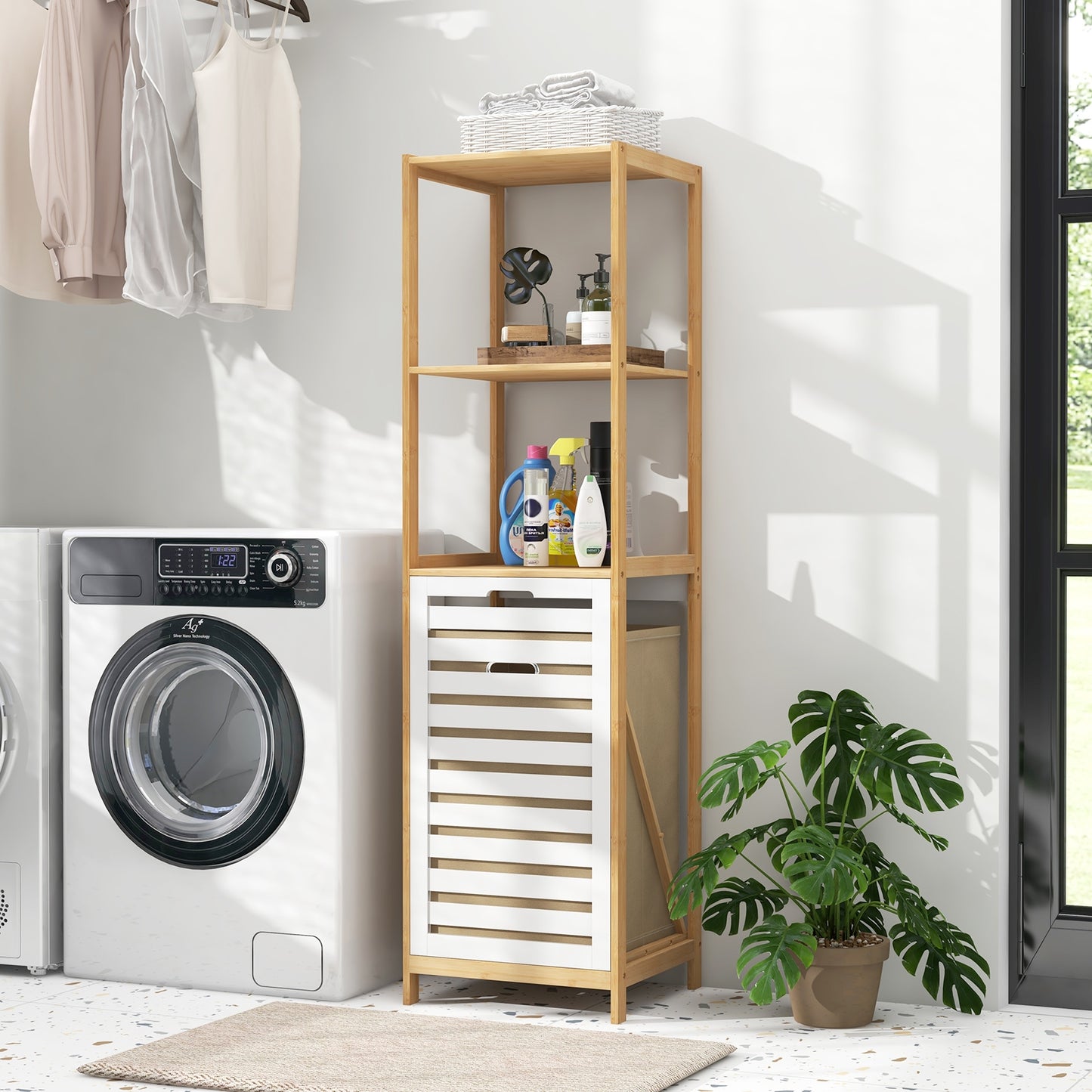 4 Tier Bamboo Laundry Hamper with Tilt-Out Design & Storage Shelves
