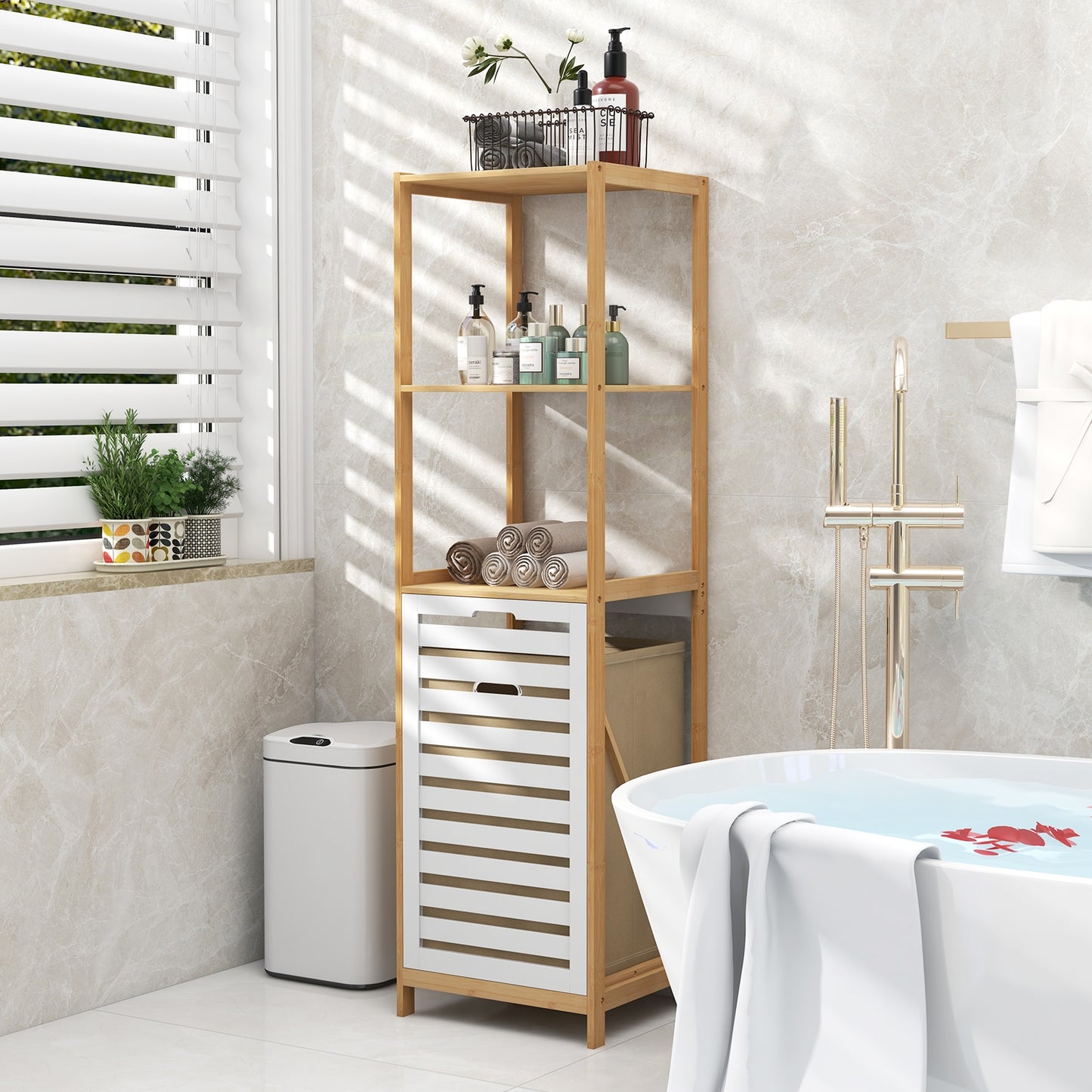 4 Tier Bamboo Laundry Hamper with Tilt-Out Design & Storage Shelves