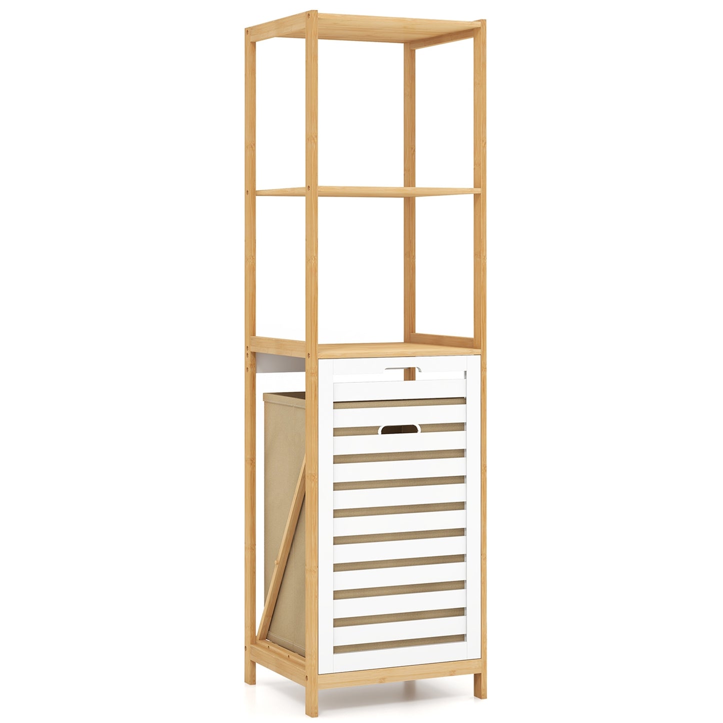 4 Tier Bamboo Laundry Hamper with Tilt-Out Design & Storage Shelves