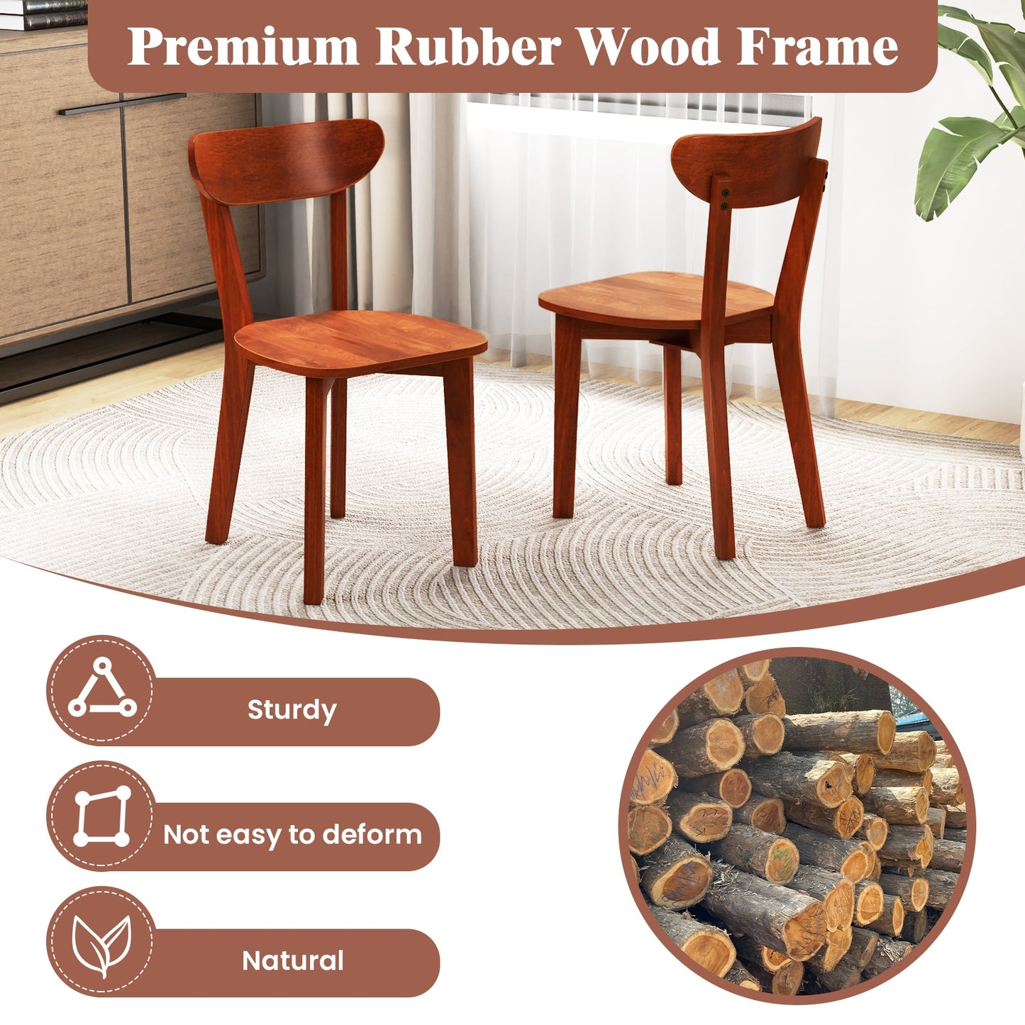 Durable Solid Wood Dining Chairs with Ergonomic Curved Back and Sturdy Rubber Wood Frame Set of 2