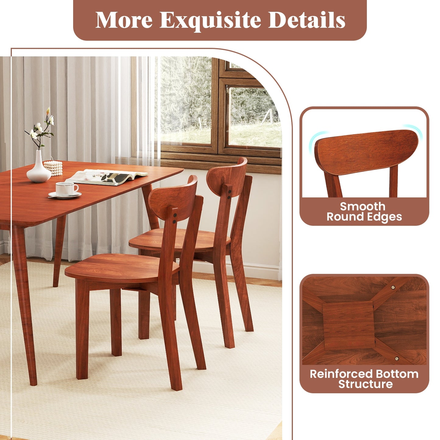 Durable Solid Wood Dining Chairs with Ergonomic Curved Back and Sturdy Rubber Wood Frame Set of 2