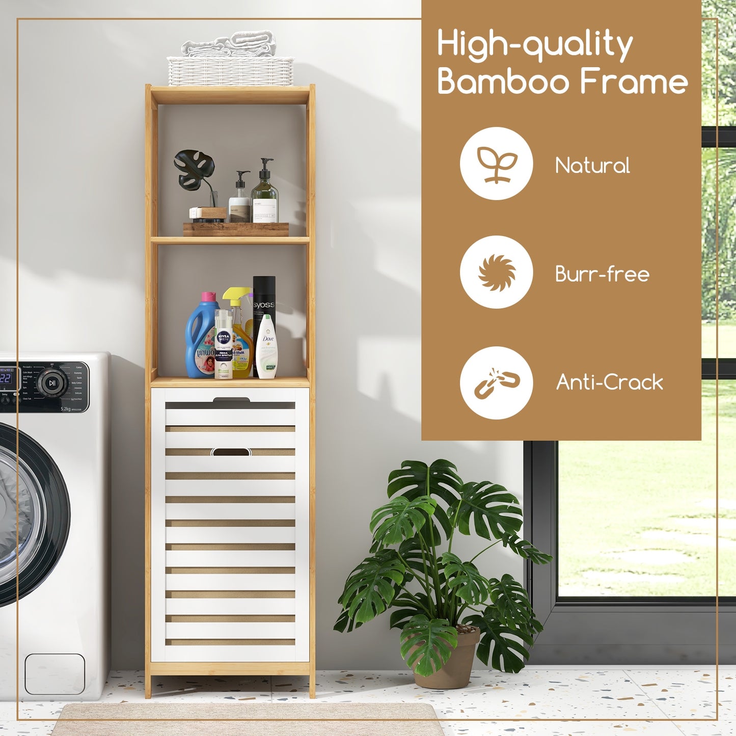 4 Tier Bamboo Laundry Hamper with Tilt-Out Design & Storage Shelves