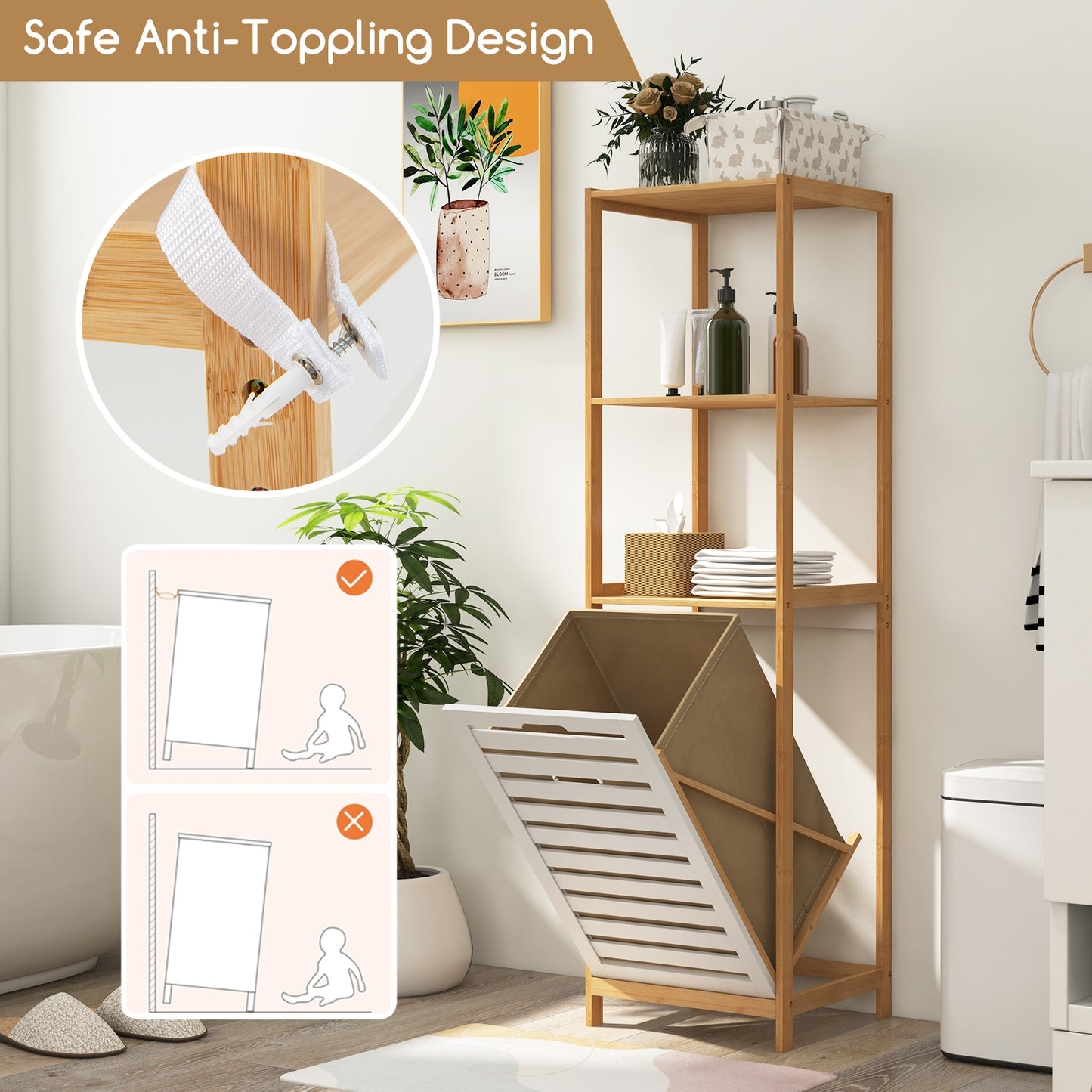 4 Tier Bamboo Laundry Hamper with Tilt-Out Design & Storage Shelves