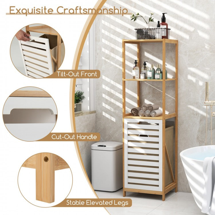 4 Tier Bamboo Laundry Hamper with Tilt-Out Design & Storage Shelves