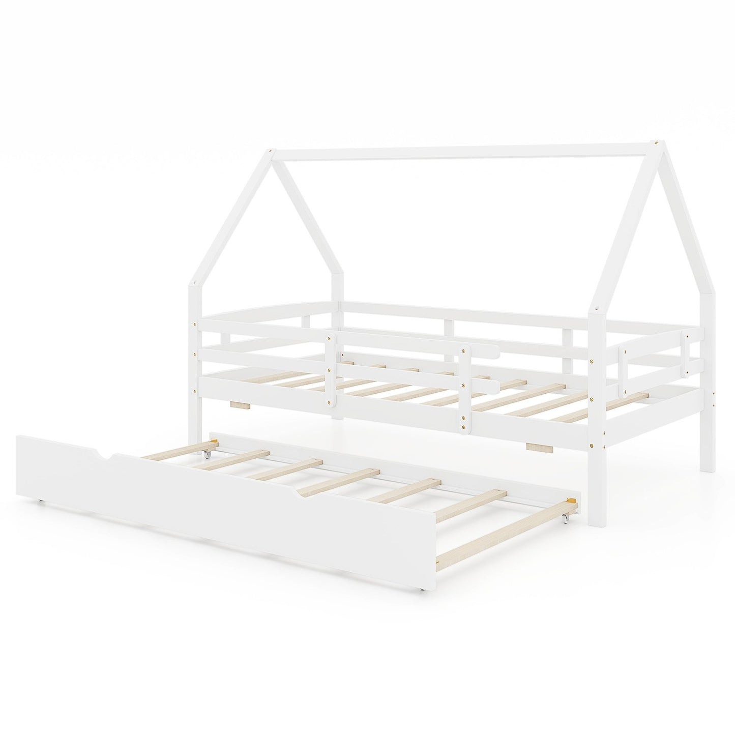 Kids Twin House Bed with Pull-Out Trundle and Safety Fence Rails – White