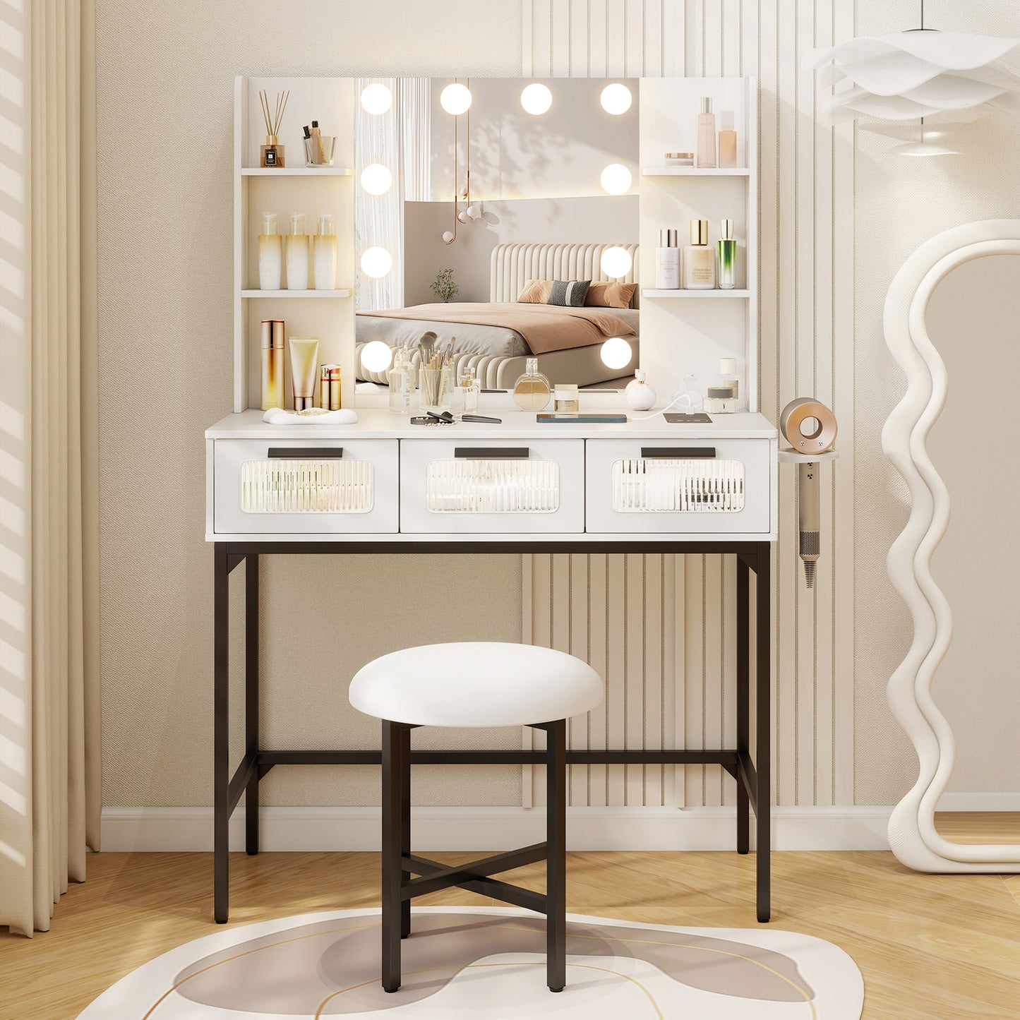 Hollywood Vanity Desk with LED Mirror & Charging Station