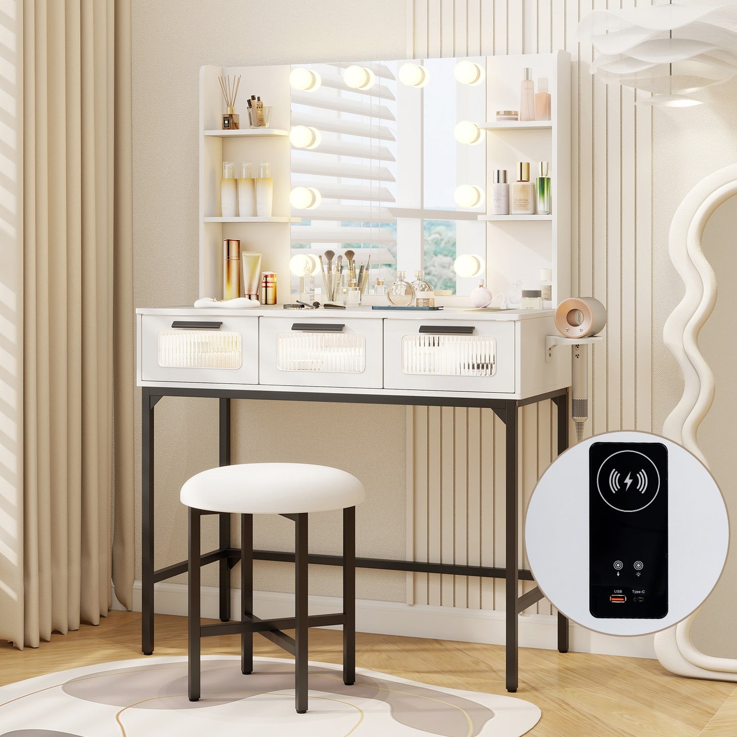 Hollywood Vanity Desk with LED Mirror & Charging Station