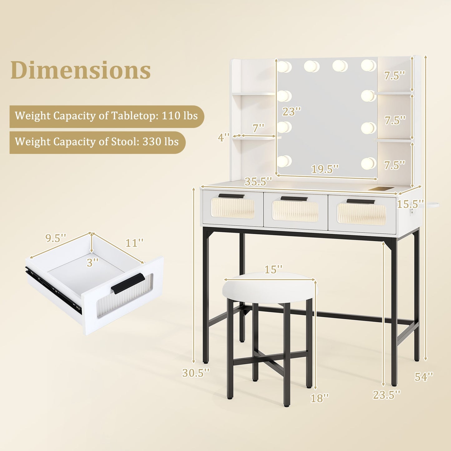 Hollywood Vanity Desk with LED Mirror & Charging Station