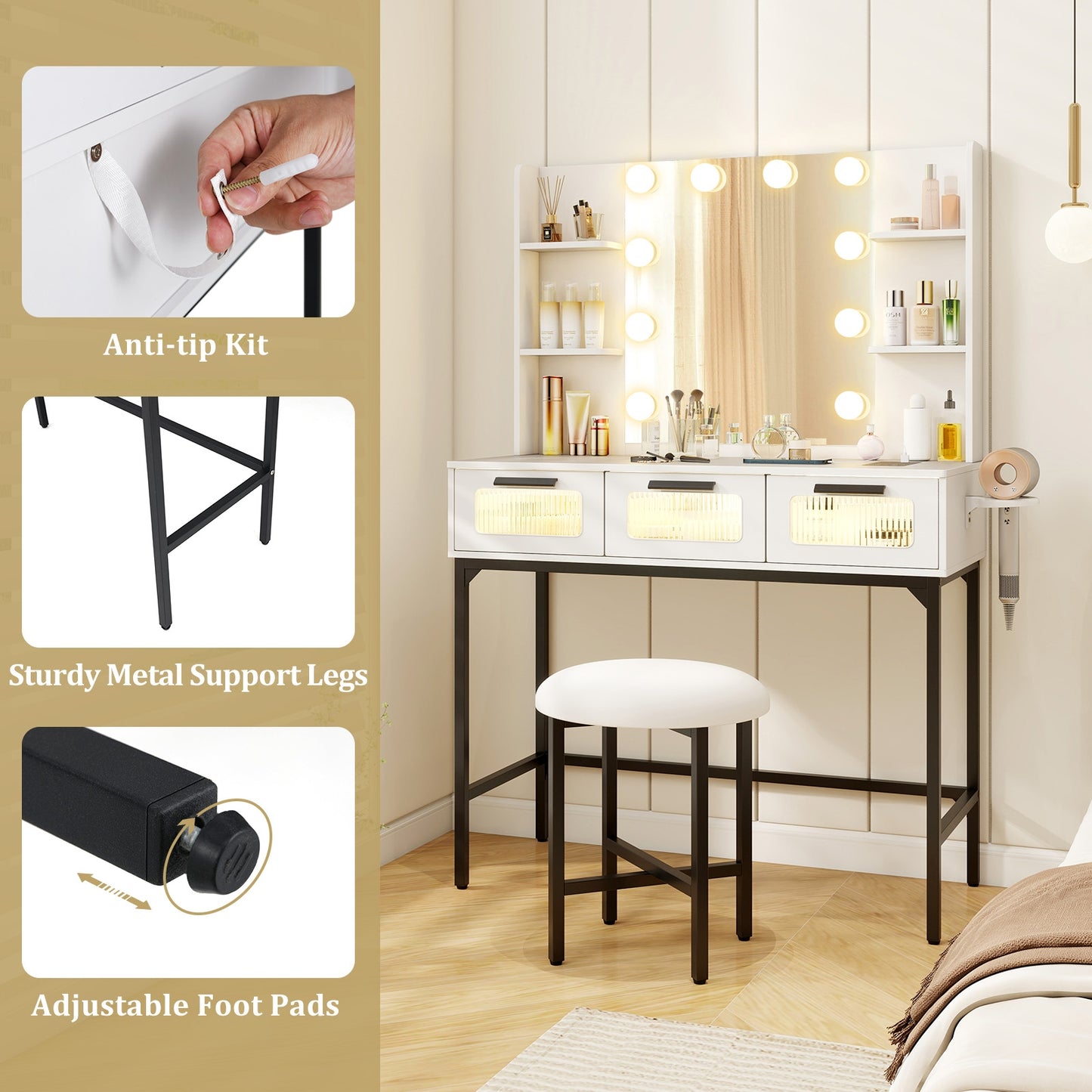 Hollywood Vanity Desk with LED Mirror & Charging Station