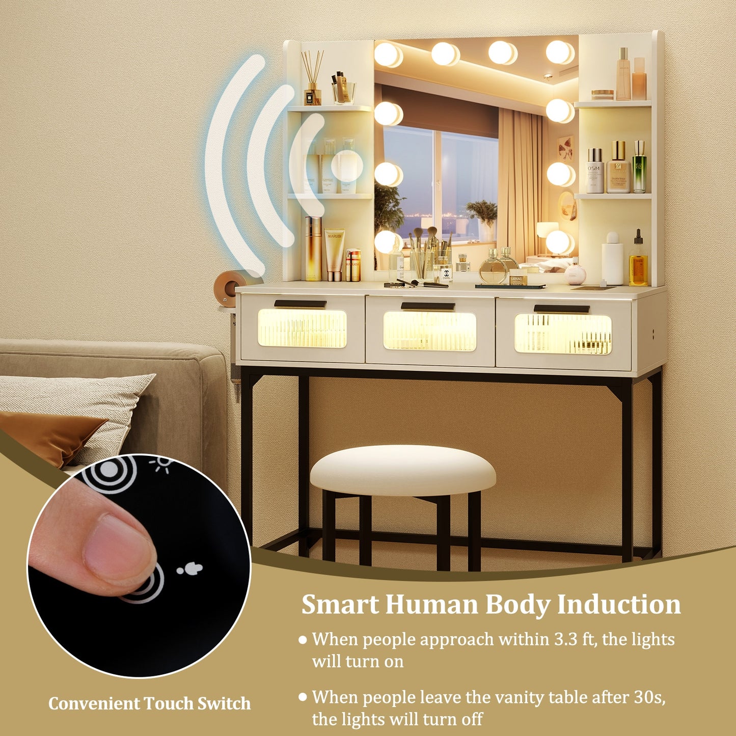 Hollywood Vanity Desk with LED Mirror & Charging Station