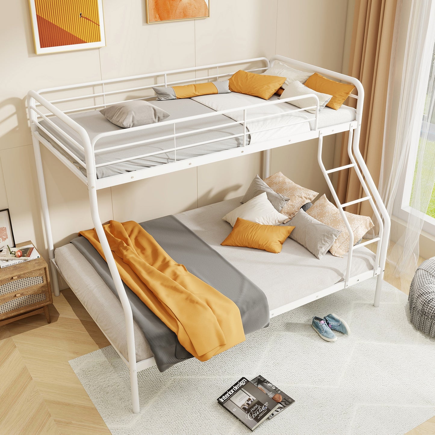 Sturdy Twin Over Full Metal Bunk Bed with Ladder, Safety Guardrails, and Under Bed Storage - White