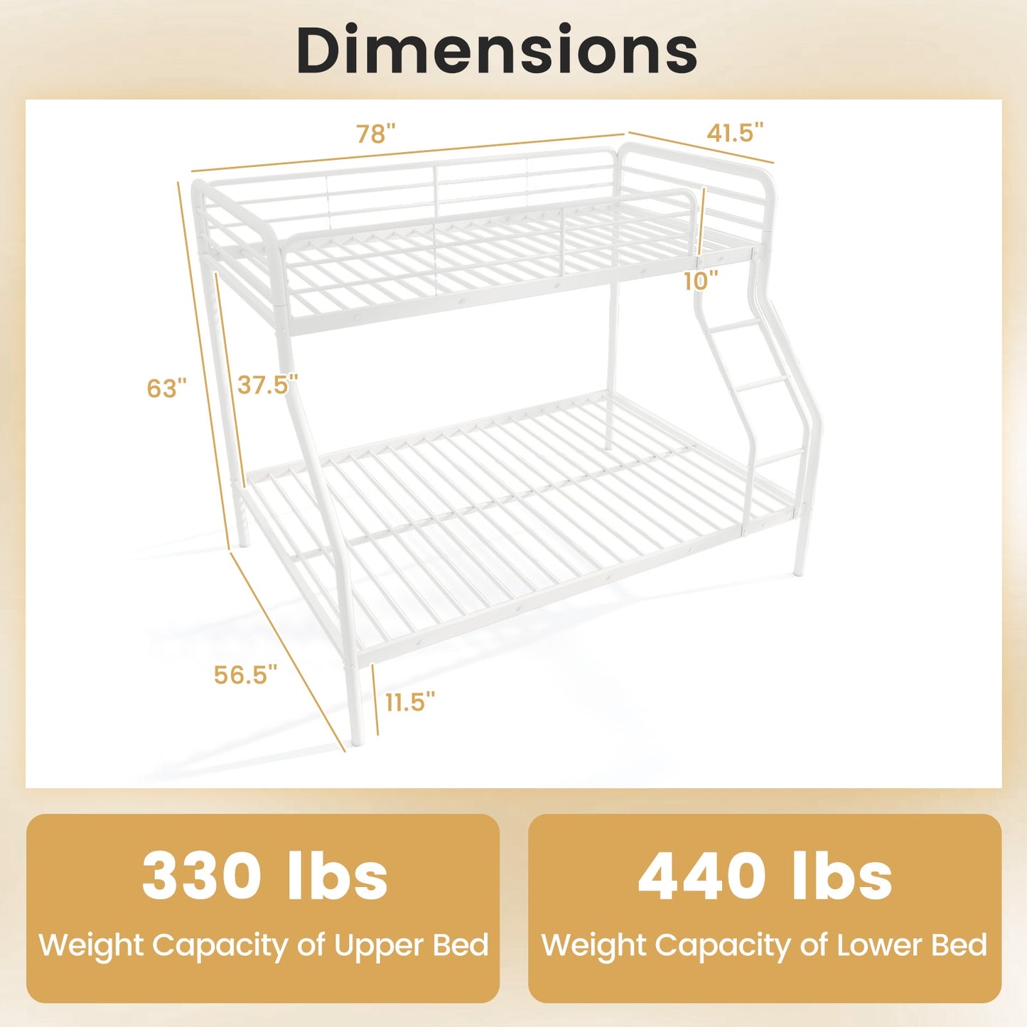 Sturdy Twin Over Full Metal Bunk Bed with Ladder, Safety Guardrails, and Under Bed Storage - White