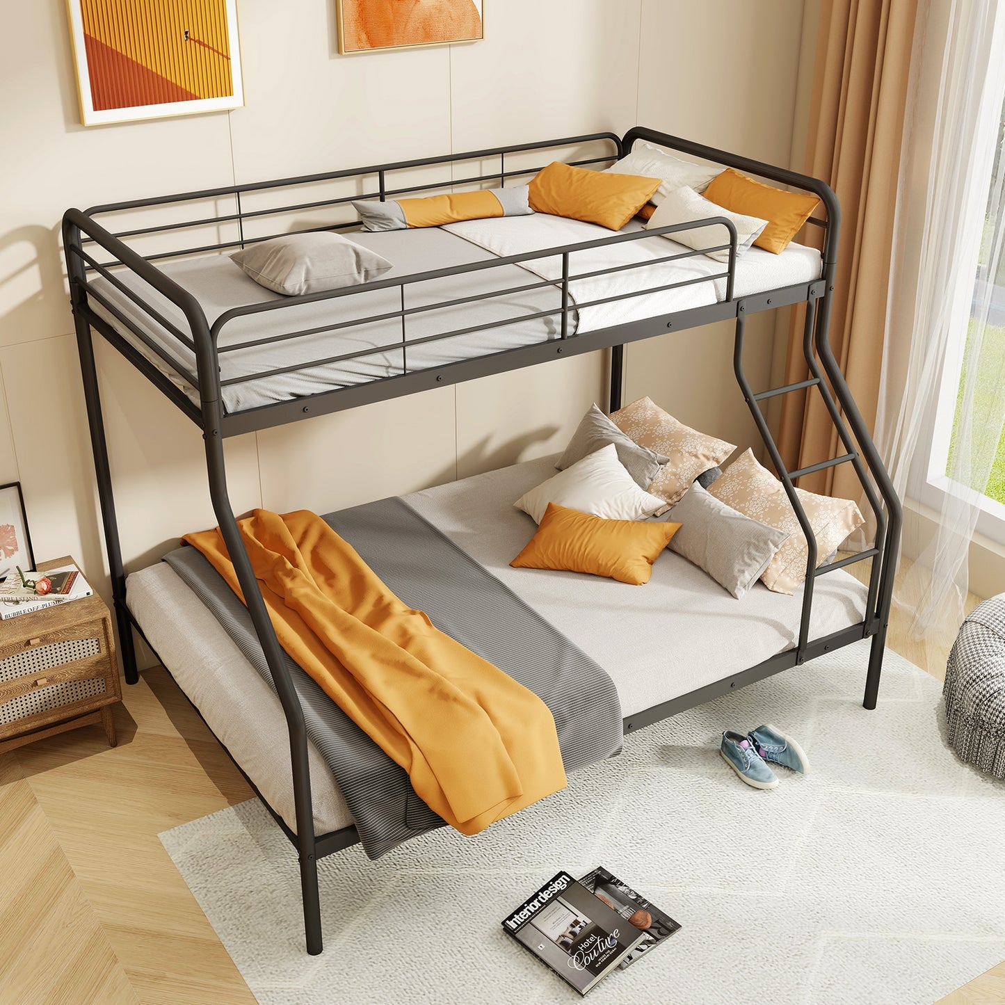 Sturdy Twin Over Full Metal Bunk Bed with Ladder, Safety Guardrails, and Under Bed Storage - Black