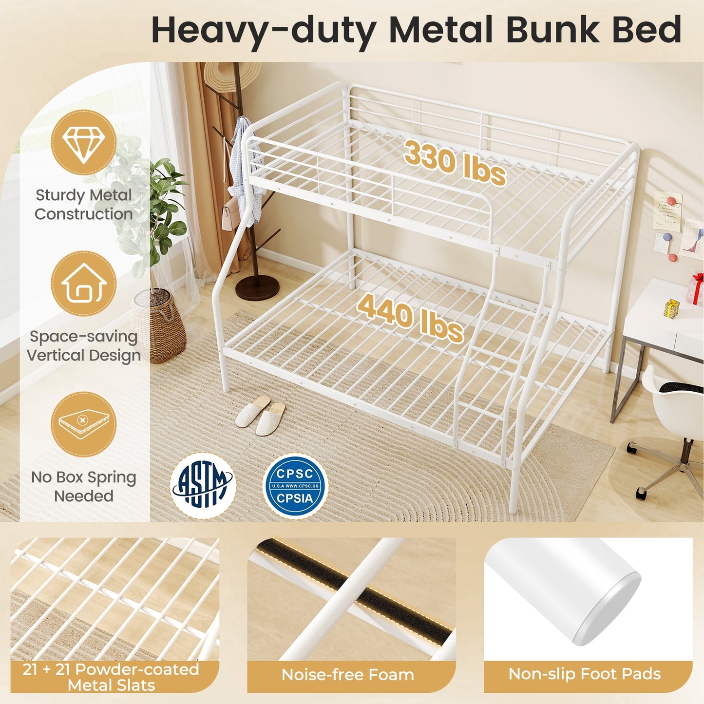 Sturdy Twin Over Full Metal Bunk Bed with Ladder, Safety Guardrails, and Under Bed Storage - White