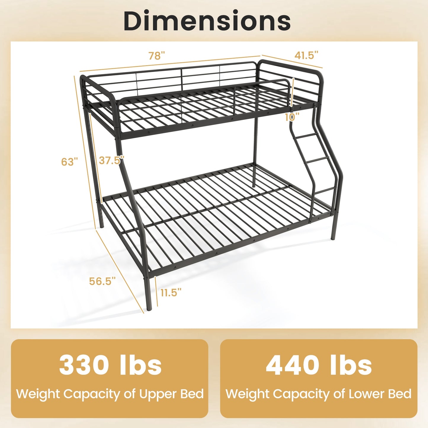 Sturdy Twin Over Full Metal Bunk Bed with Ladder, Safety Guardrails, and Under Bed Storage - Black