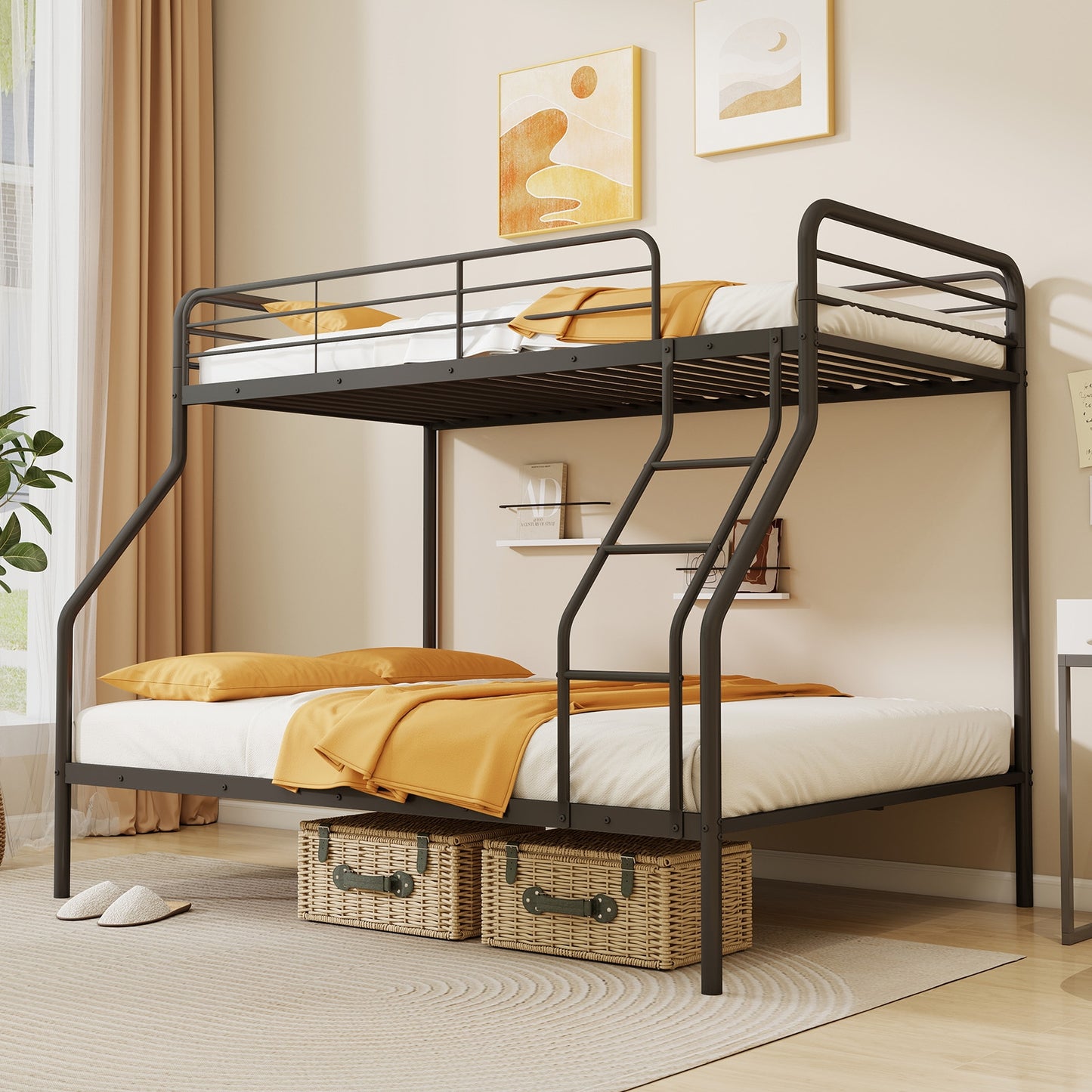 Sturdy Twin Over Full Metal Bunk Bed with Ladder, Safety Guardrails, and Under Bed Storage - Black