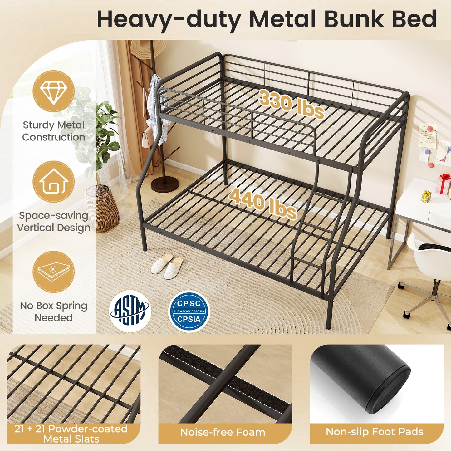 Sturdy Twin Over Full Metal Bunk Bed with Ladder, Safety Guardrails, and Under Bed Storage - Black