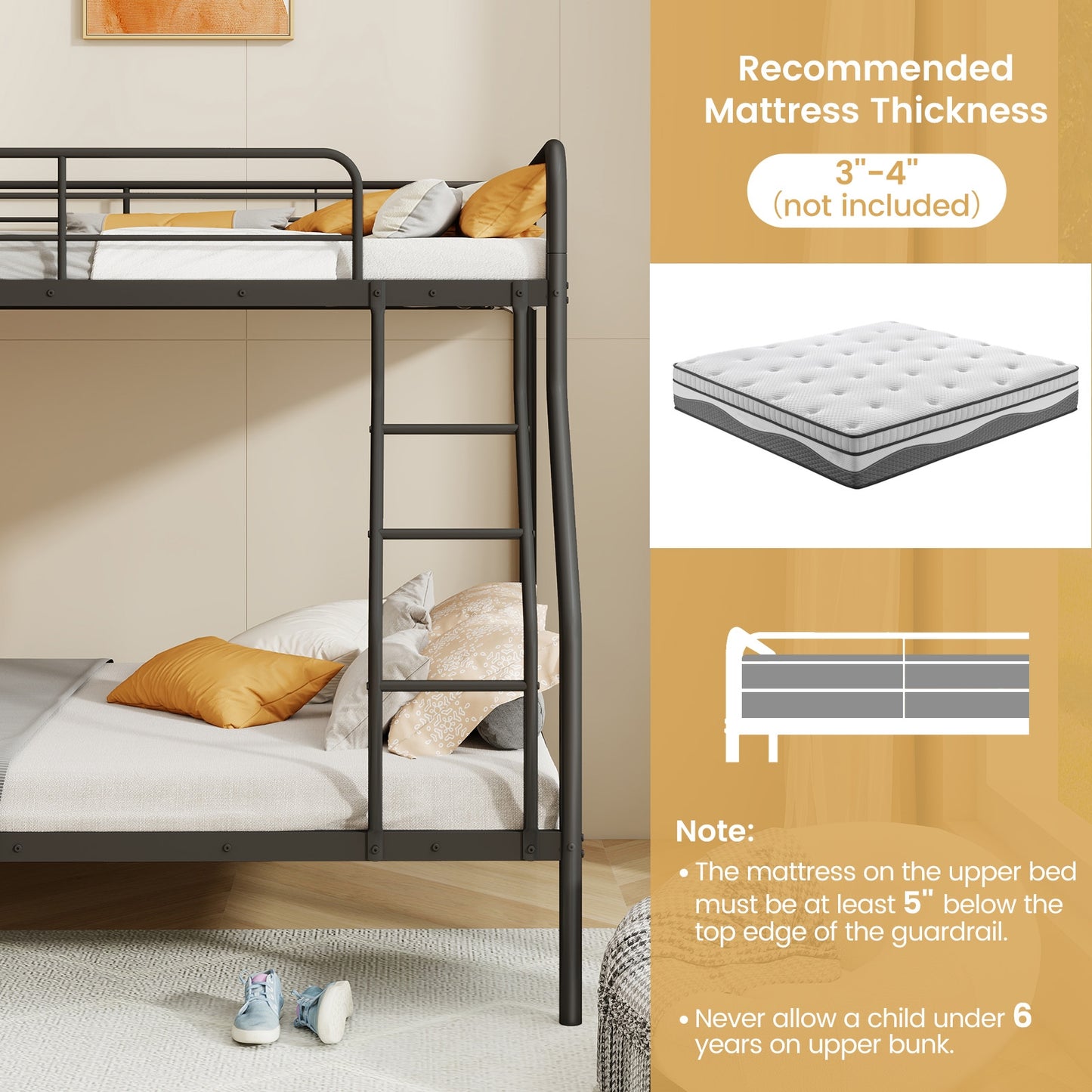 Sturdy Twin Over Full Metal Bunk Bed with Ladder, Safety Guardrails, and Under Bed Storage - Black