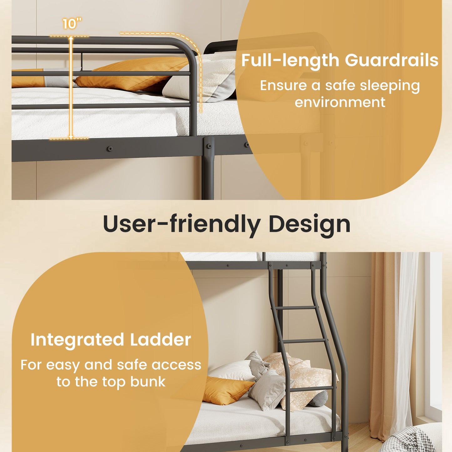 Sturdy Twin Over Full Metal Bunk Bed with Ladder, Safety Guardrails, and Under Bed Storage - Black