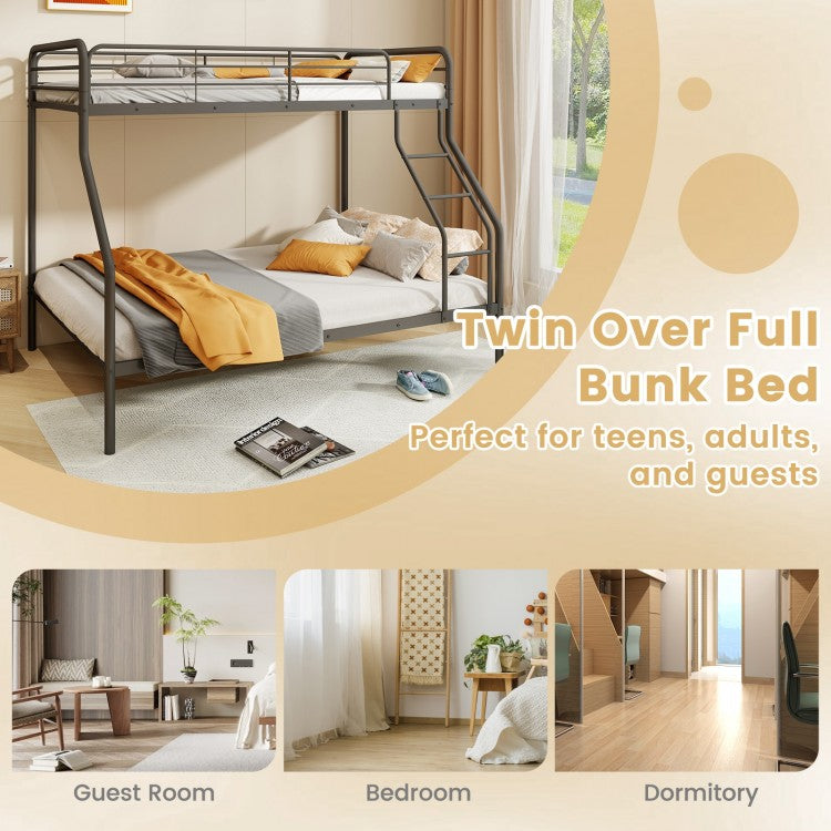 Sturdy Twin Over Full Metal Bunk Bed with Ladder, Safety Guardrails, and Under Bed Storage - Black