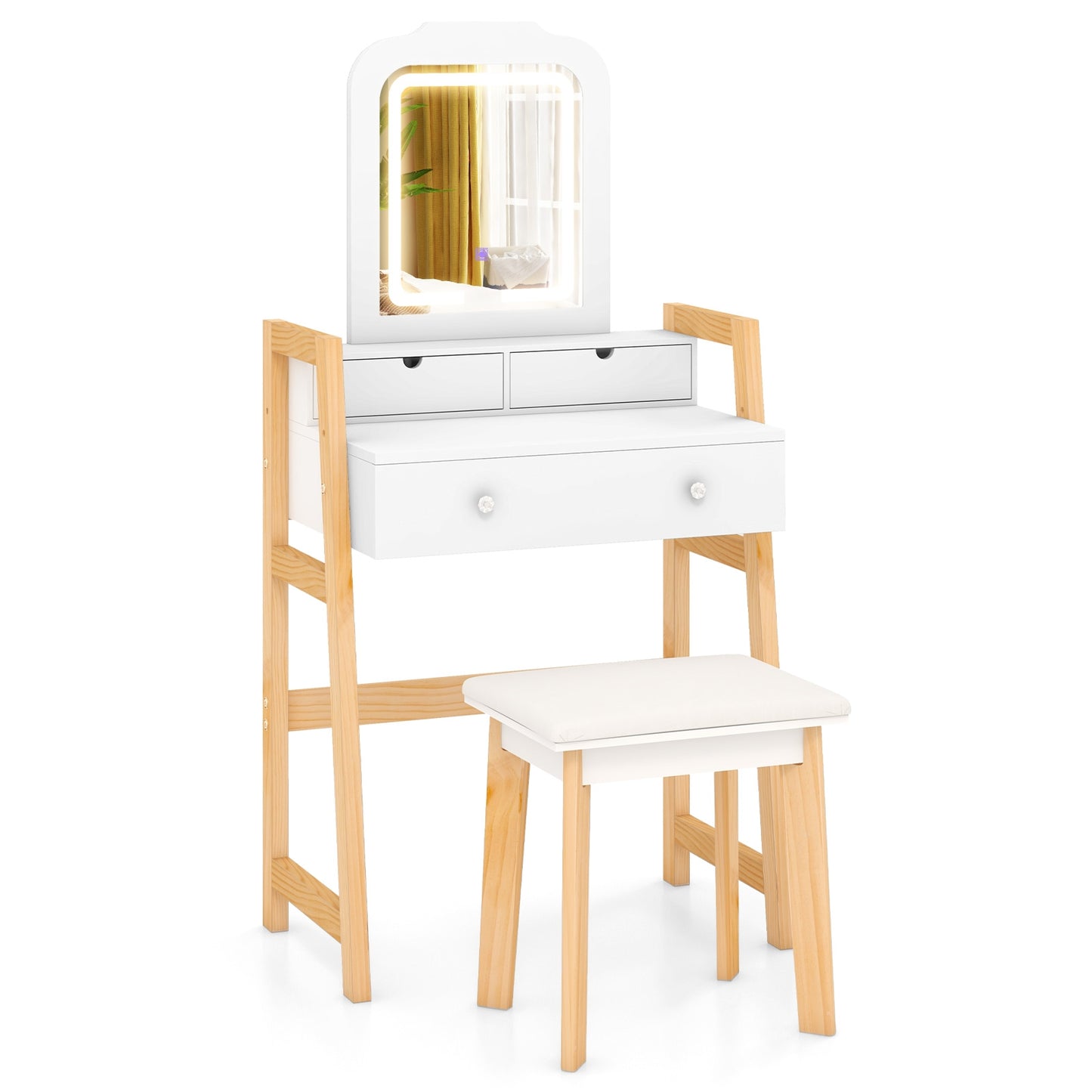 Dressing Table Set with Adjustable Height, 3-Color LED Lighted Mirror & Storage Drawers