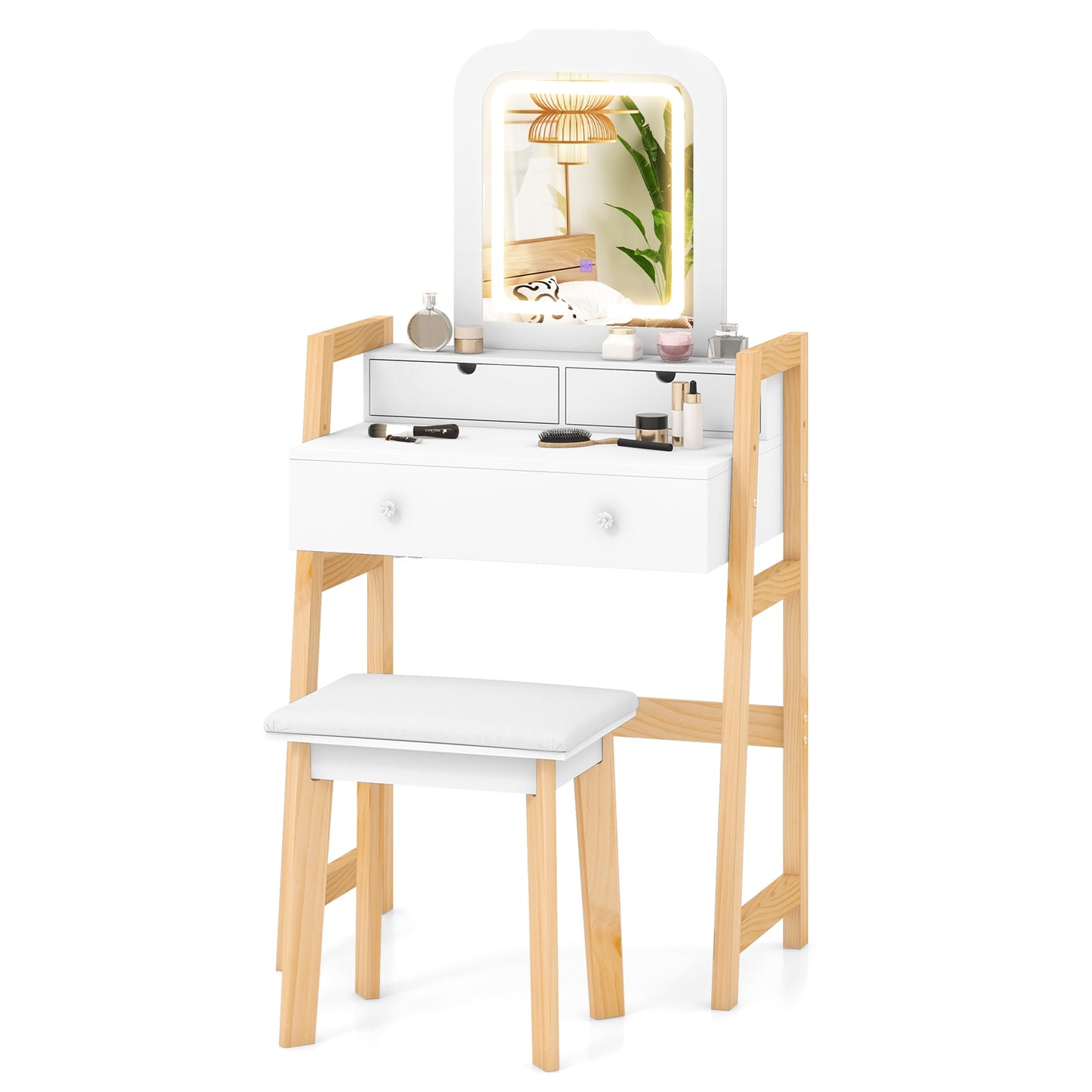 Dressing Table Set with Adjustable Height, 3-Color LED Lighted Mirror & Storage Drawers