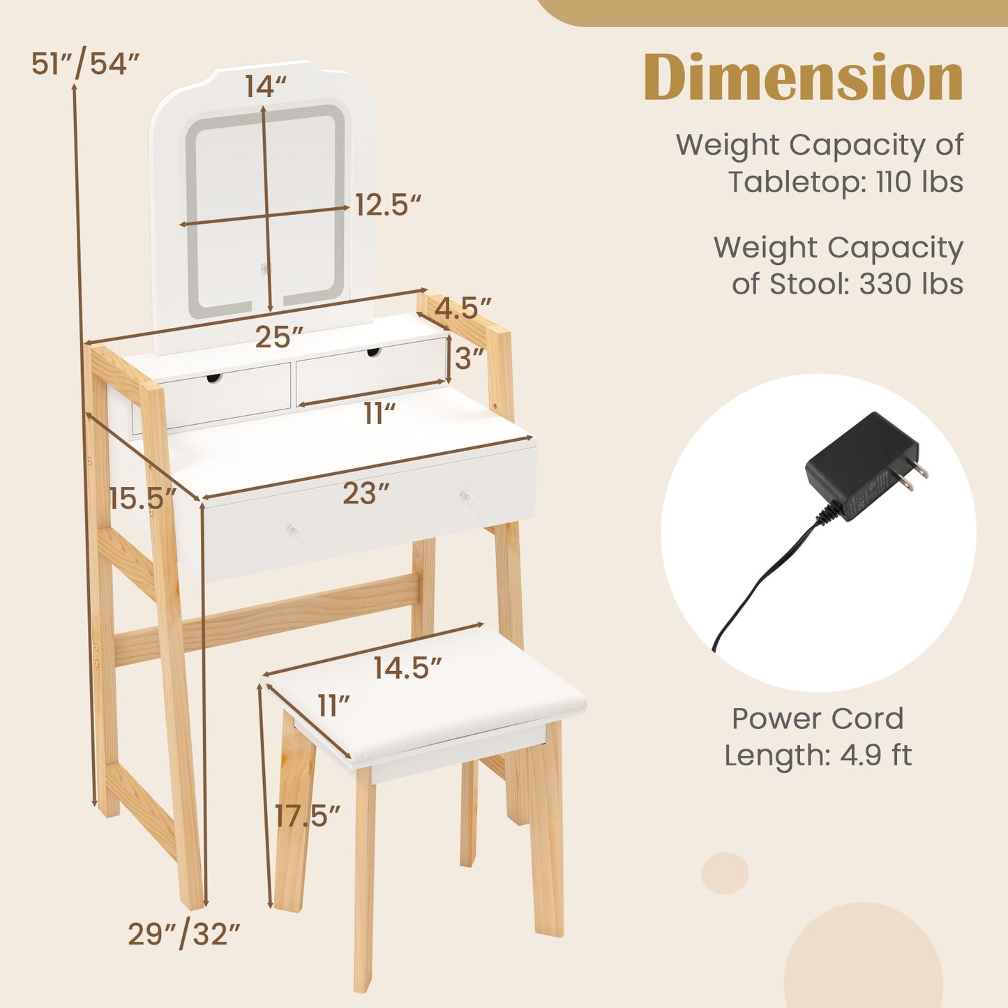 Dressing Table Set with Adjustable Height, 3-Color LED Lighted Mirror & Storage Drawers