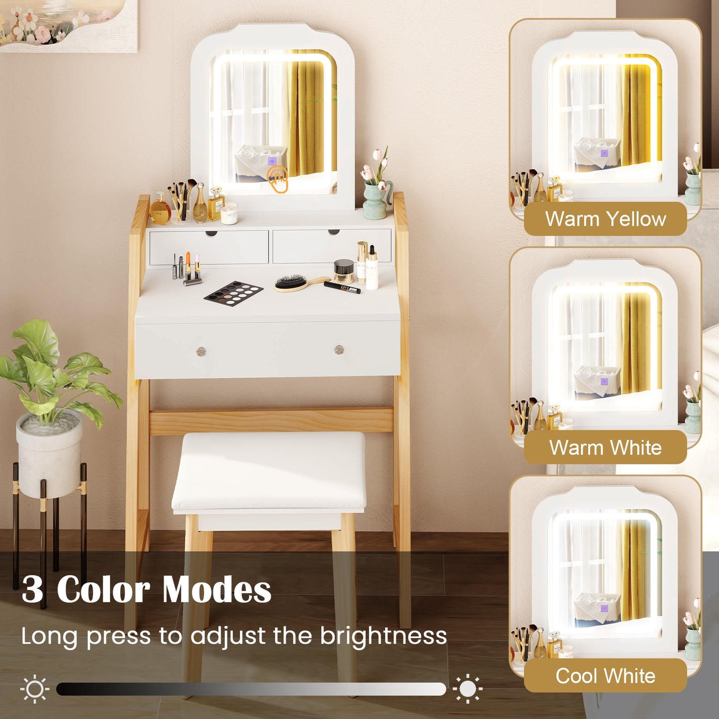 Dressing Table Set with Adjustable Height, 3-Color LED Lighted Mirror & Storage Drawers