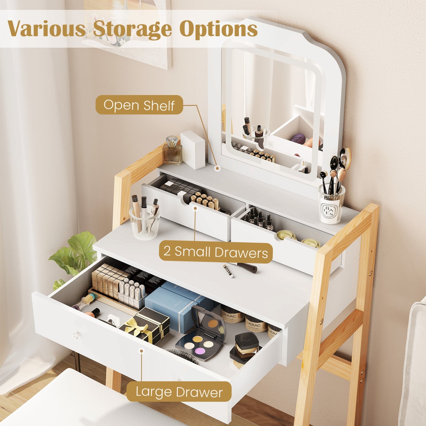 Dressing Table Set with Adjustable Height, 3-Color LED Lighted Mirror & Storage Drawers