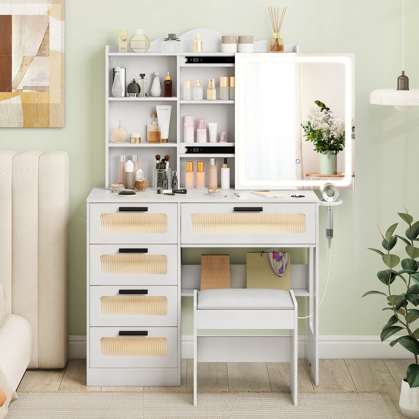 Dressing Vanity Desk with 3-Color LED Mirror, Built-In Charging Station & Storage