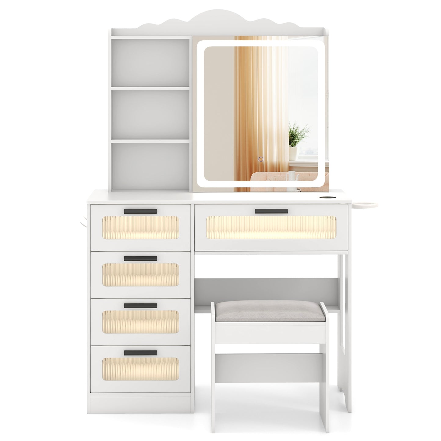 Dressing Vanity Desk with 3-Color LED Mirror, Built-In Charging Station & Storage