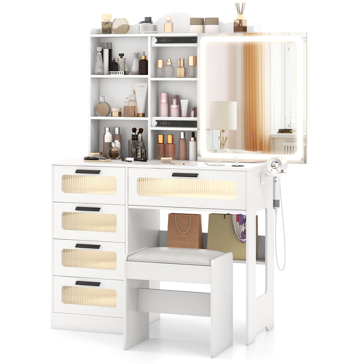 Dressing Vanity Desk with 3-Color LED Mirror, Built-In Charging Station & Storage