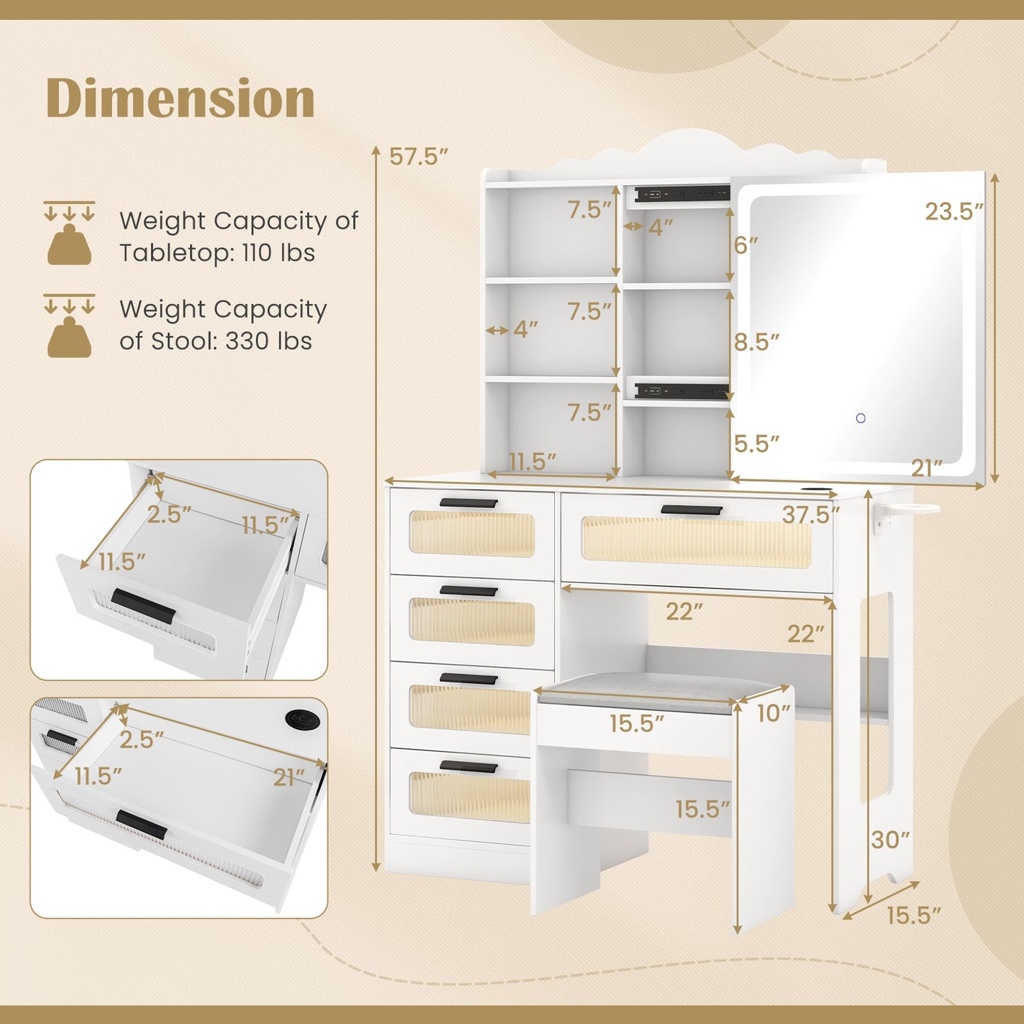 Dressing Vanity Desk with 3-Color LED Mirror, Built-In Charging Station & Storage