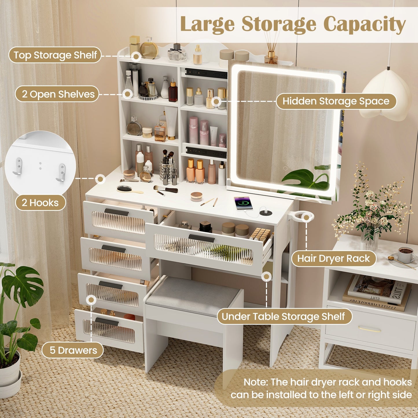 Dressing Vanity Desk with 3-Color LED Mirror, Built-In Charging Station & Storage