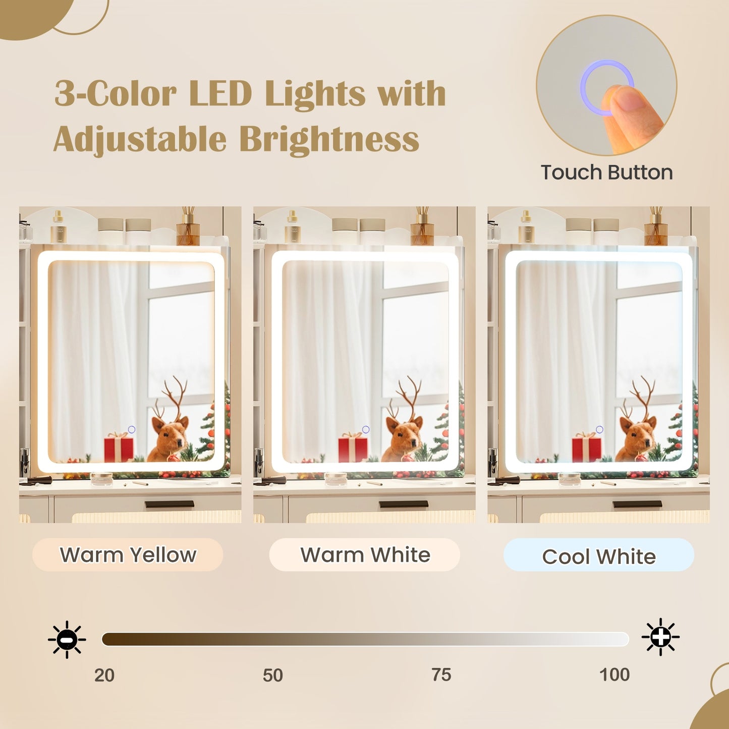 Dressing Vanity Desk with 3-Color LED Mirror, Built-In Charging Station & Storage
