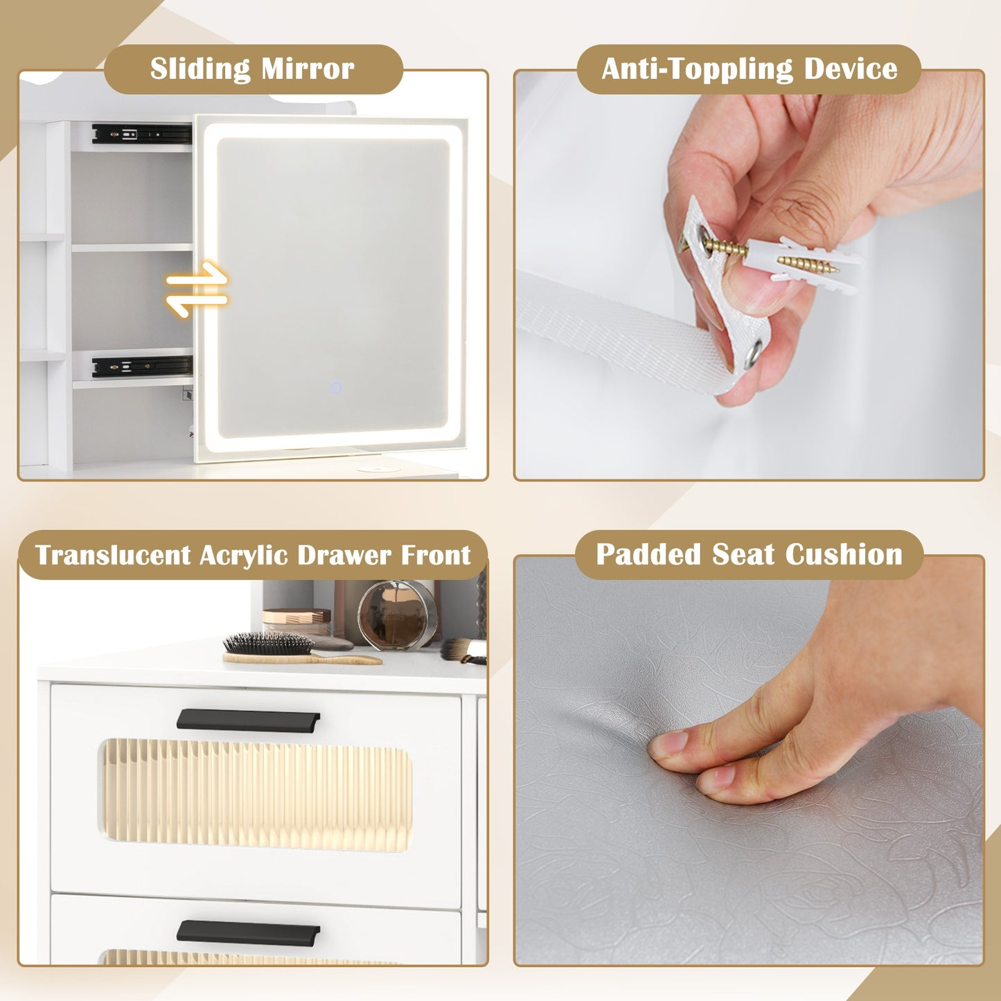Dressing Vanity Desk with 3-Color LED Mirror, Built-In Charging Station & Storage