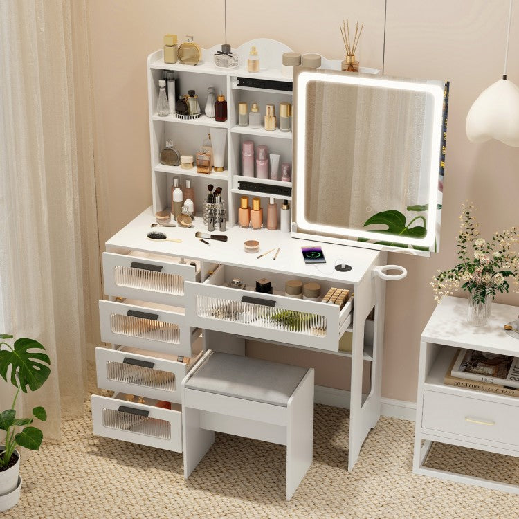 Dressing Vanity Desk with 3-Color LED Mirror, Built-In Charging Station & Storage