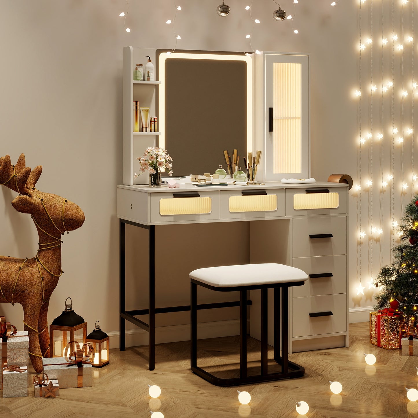 Makeup Vanity Desk with 3-Color Induction LED Mirror, Built-in Charging Station & 6 Storage Drawers