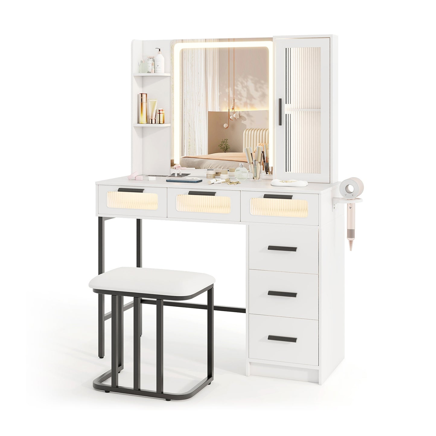 Makeup Vanity Desk with 3-Color Induction LED Mirror, Built-in Charging Station & 6 Storage Drawers