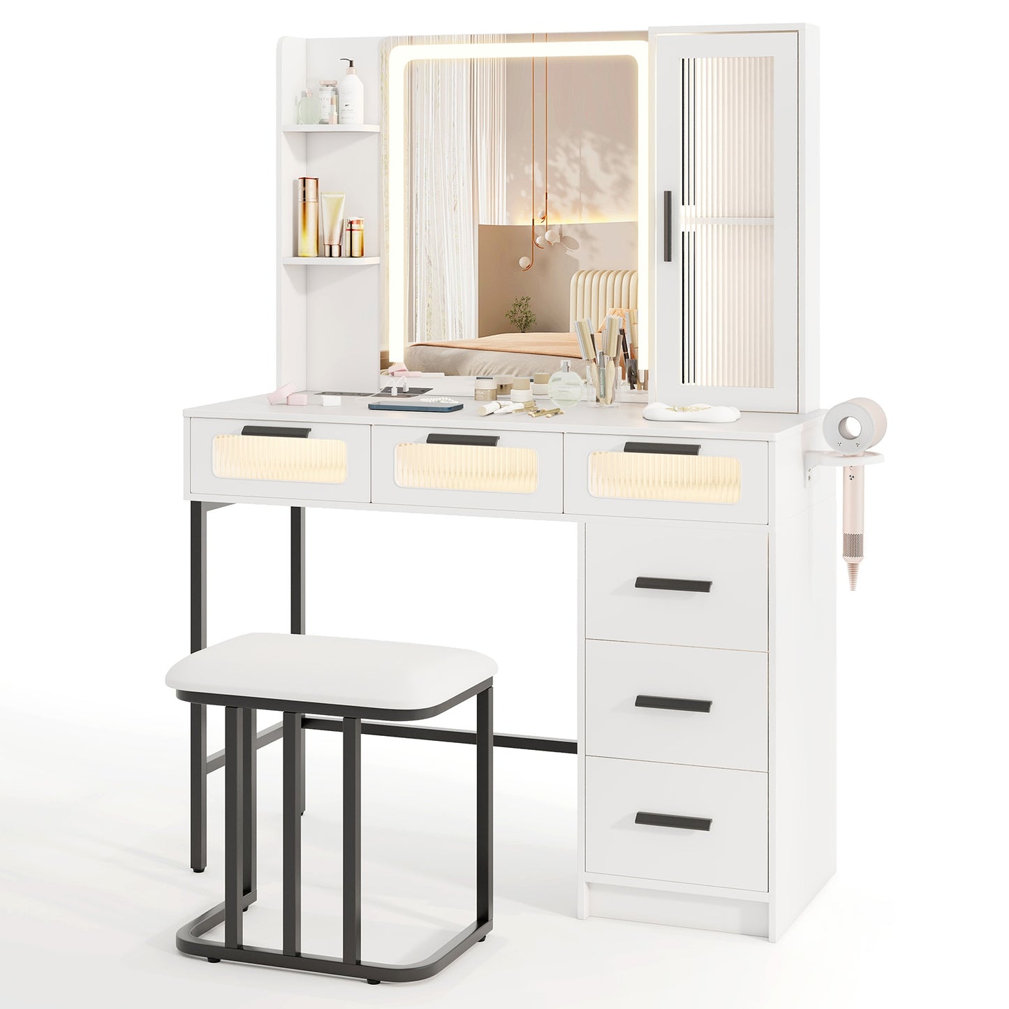 Makeup Vanity Desk with 3-Color Induction LED Mirror, Built-in Charging Station & 6 Storage Drawers