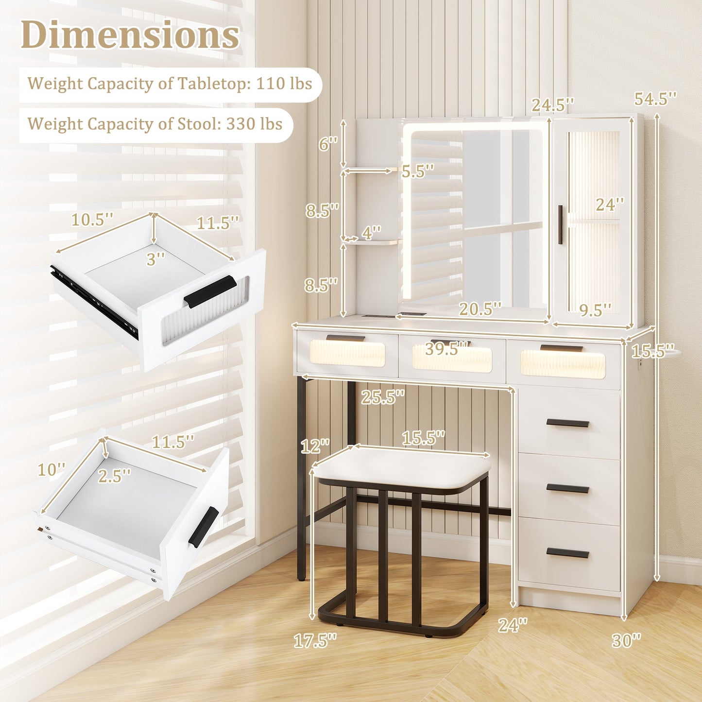 Makeup Vanity Desk with 3-Color Induction LED Mirror, Built-in Charging Station & 6 Storage Drawers