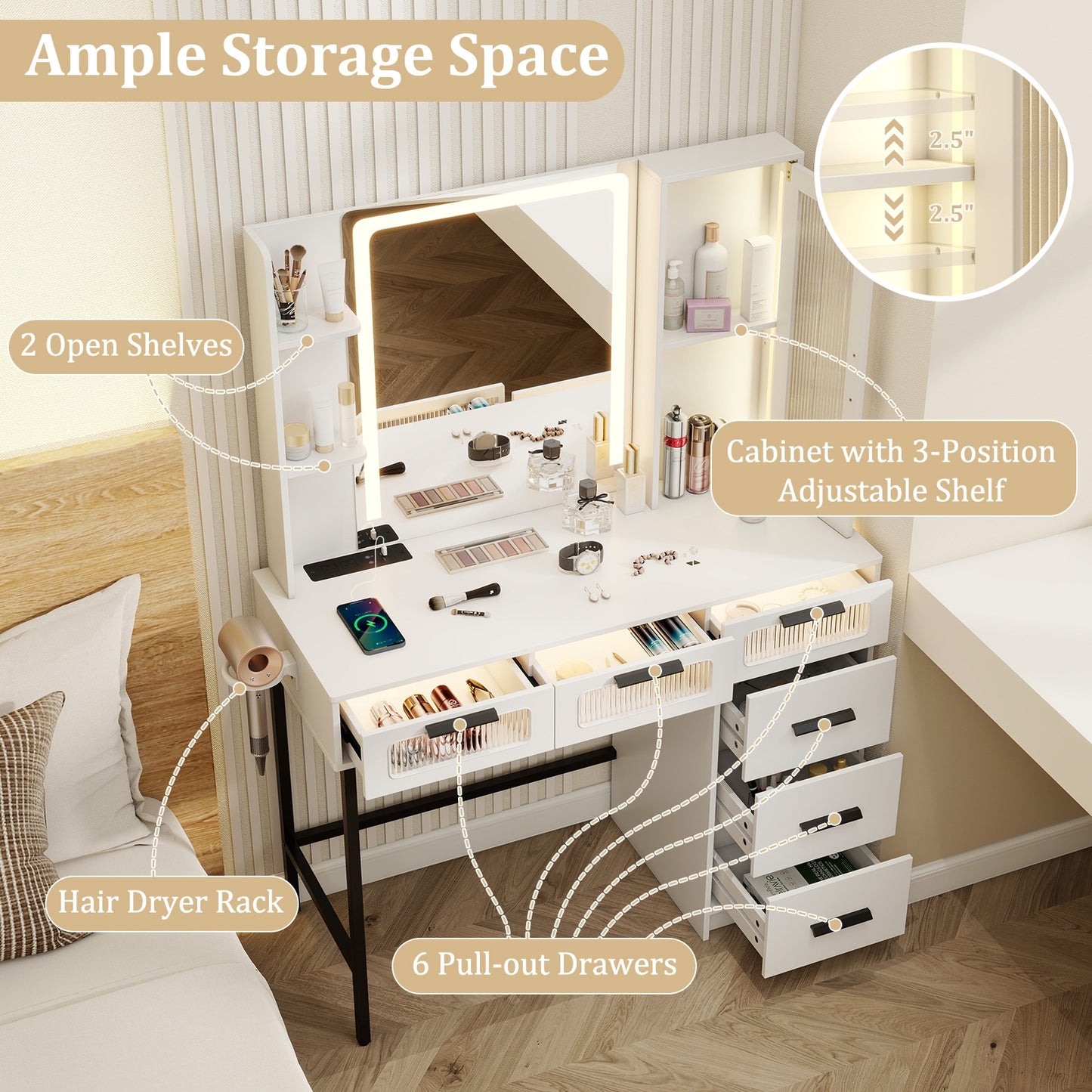 Makeup Vanity Desk with 3-Color Induction LED Mirror, Built-in Charging Station & 6 Storage Drawers