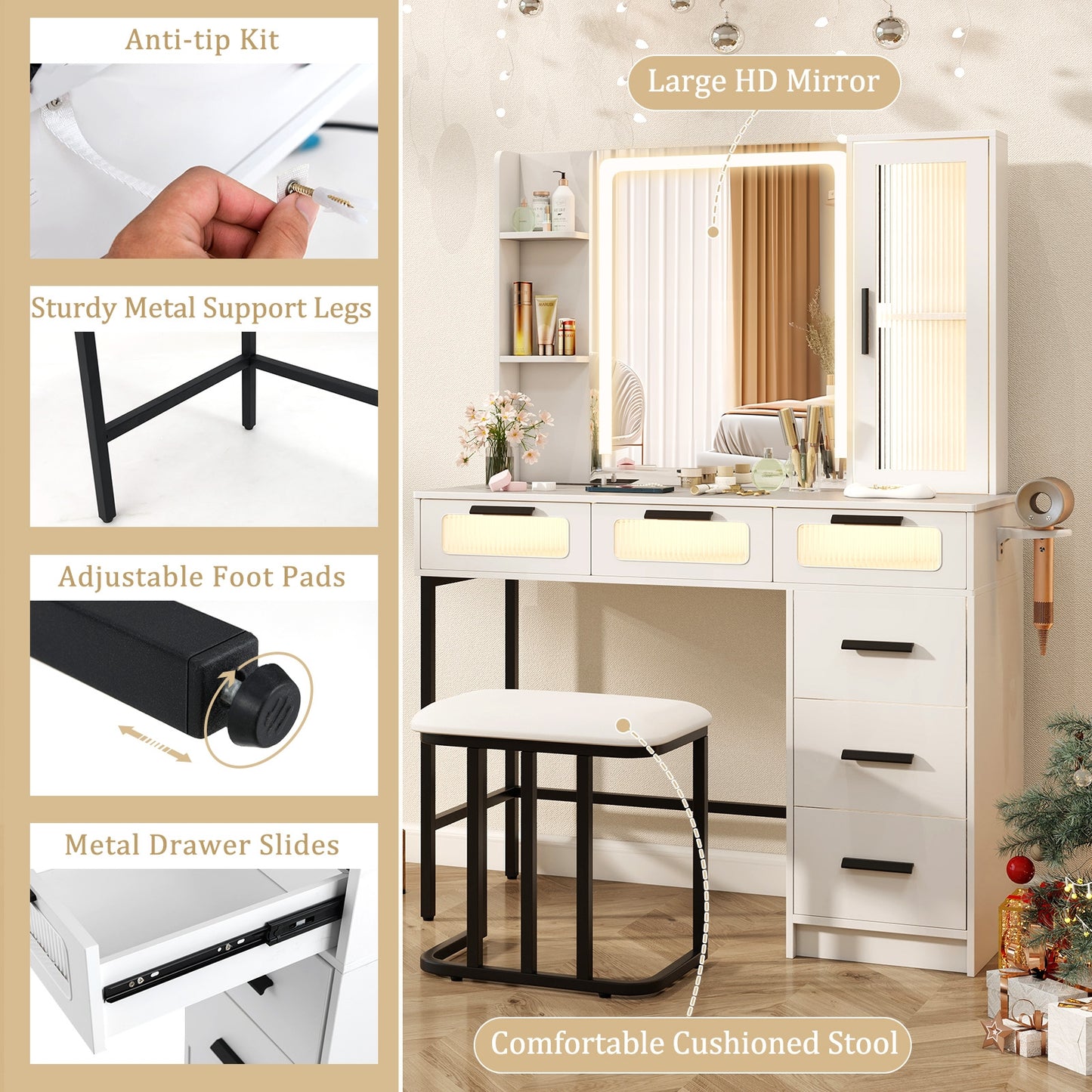 Makeup Vanity Desk with 3-Color Induction LED Mirror, Built-in Charging Station & 6 Storage Drawers